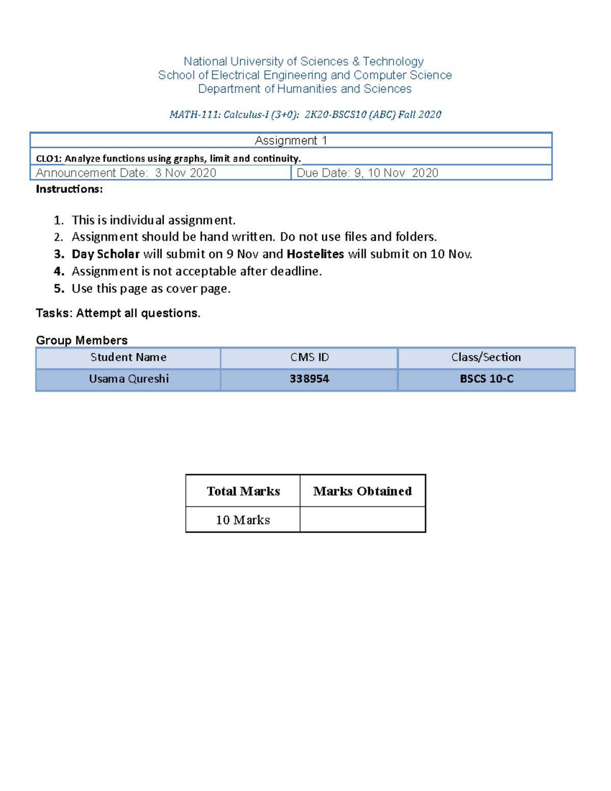 Assignment 1(CS10) - National University Of Sciences & Technology ...