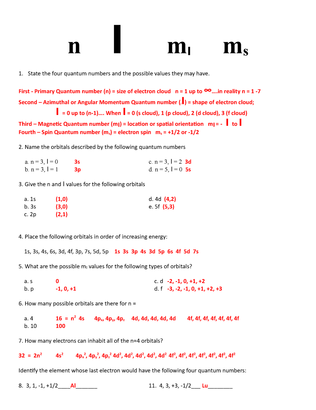 Quantum Numbers Worksheet Pdf With Answers