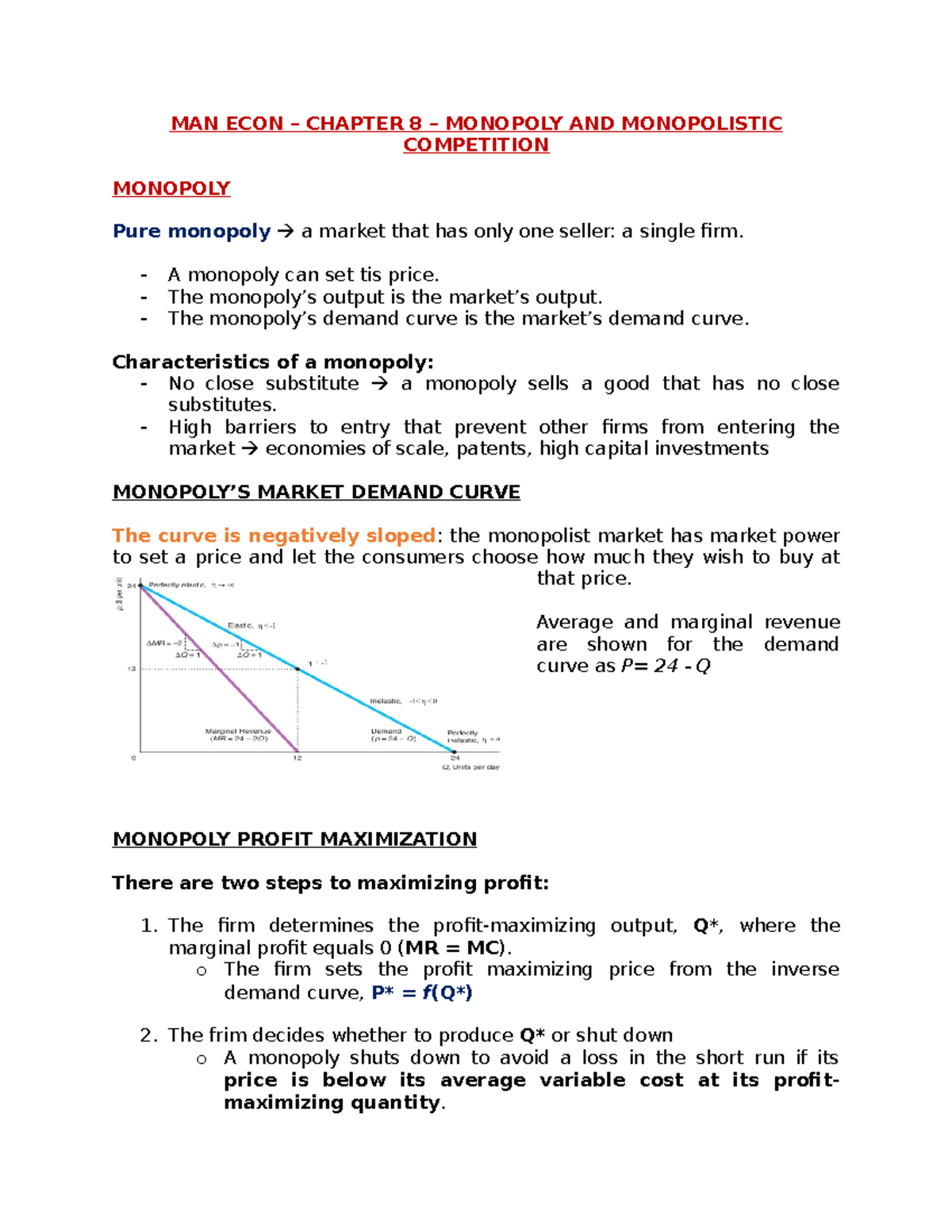 CHAP8 - Chapter 8 lecture notes - MAN ECON – CHAPTER 8 – MONOPOLY AND ...