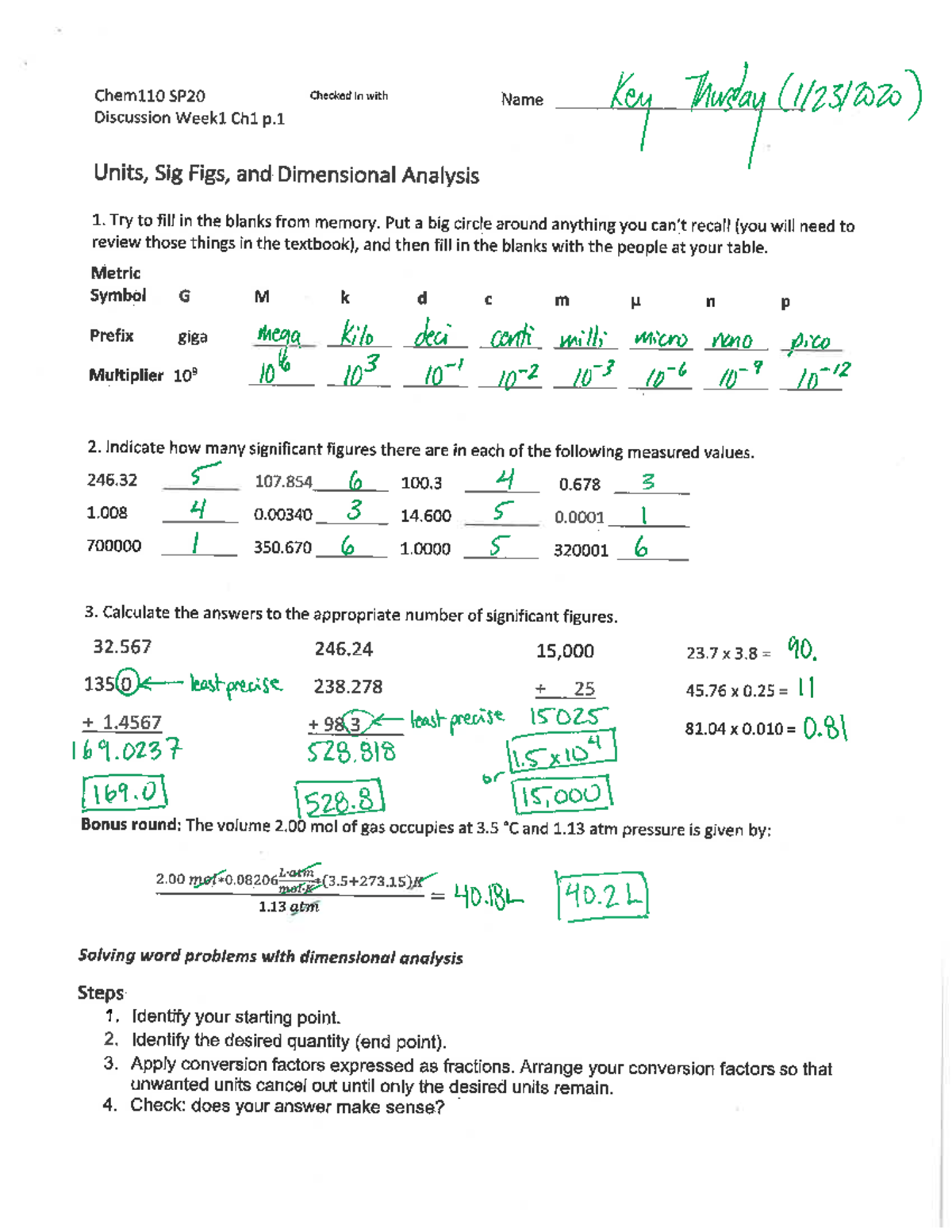 Discussion Key Wk 1 Units,Sig Figs, Dimensional Analysis CHEM 110 Studocu