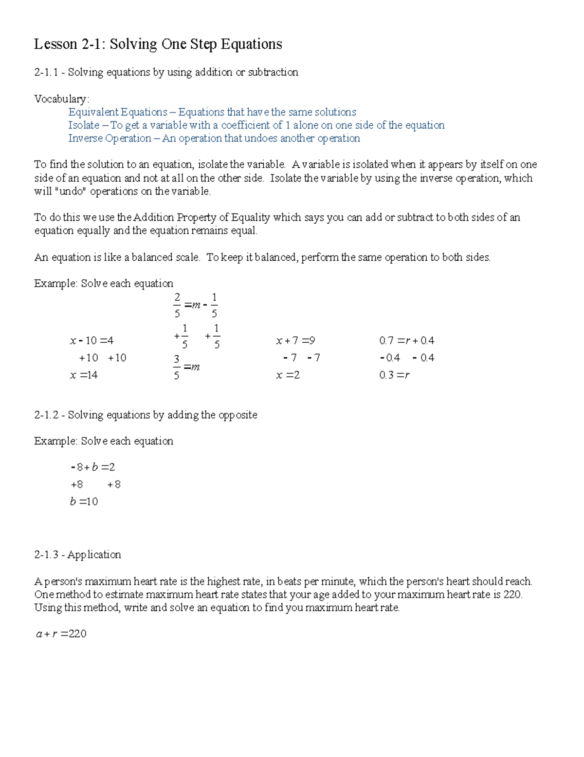 Lesson 2 1 College Algebra Lesson 2 1 Solving One Step Equations 2 1 