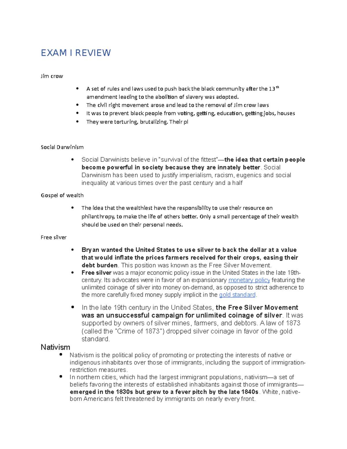 EXAM I Review - EXAM I REVIEW ####### Jim crow ####### A set of rules ...