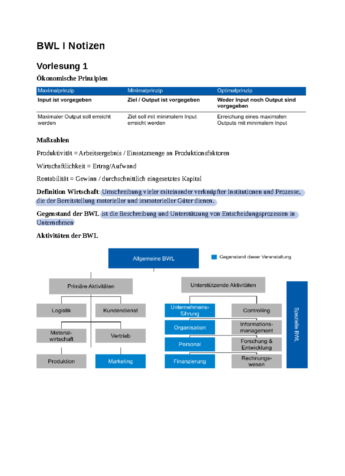 Zusammenfassung-BWL-I - BWL I Notizen Vorlesung 1 Ökonomische ...