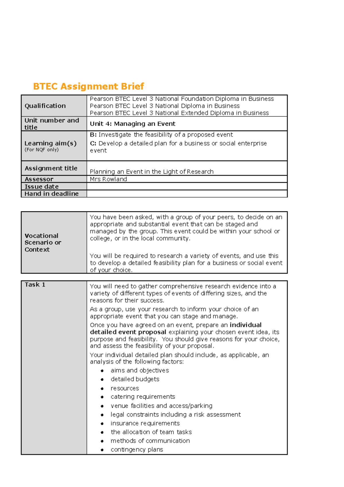 1 Authorised Assignment Brief For Learning Aim B & C -Unit 4 Managing ...