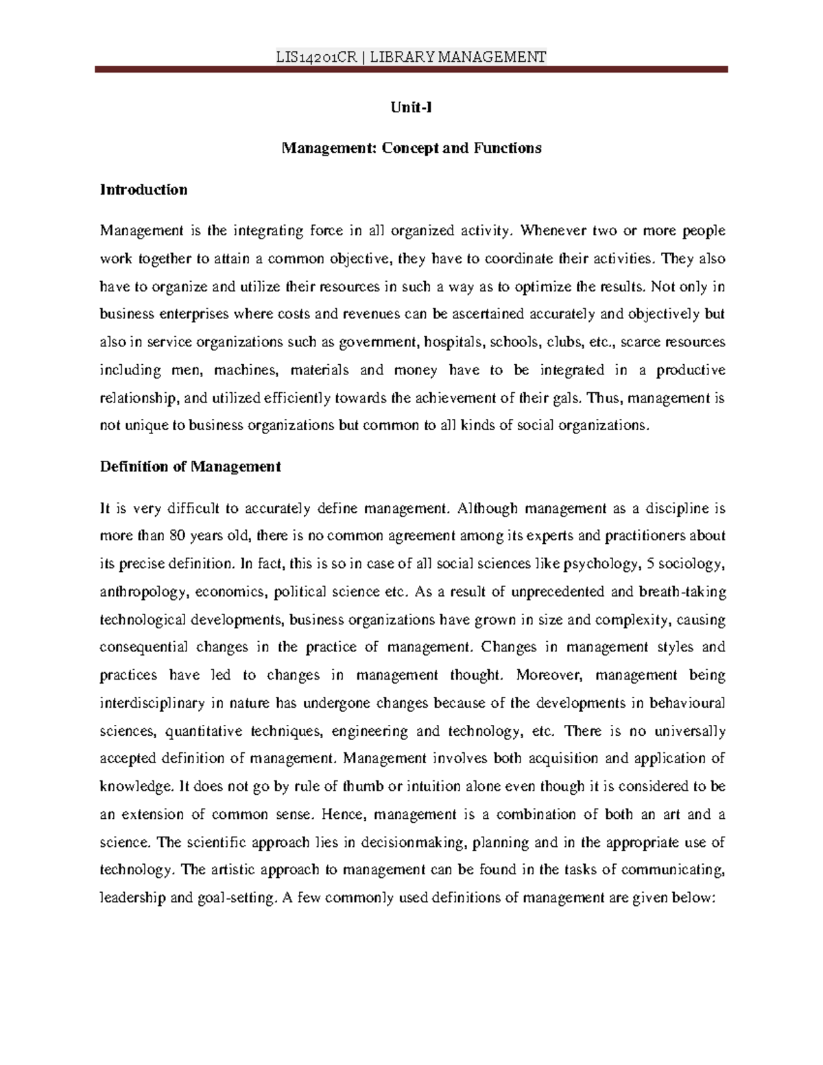 Library science Management Concept and Functions - Unit-I Management ...