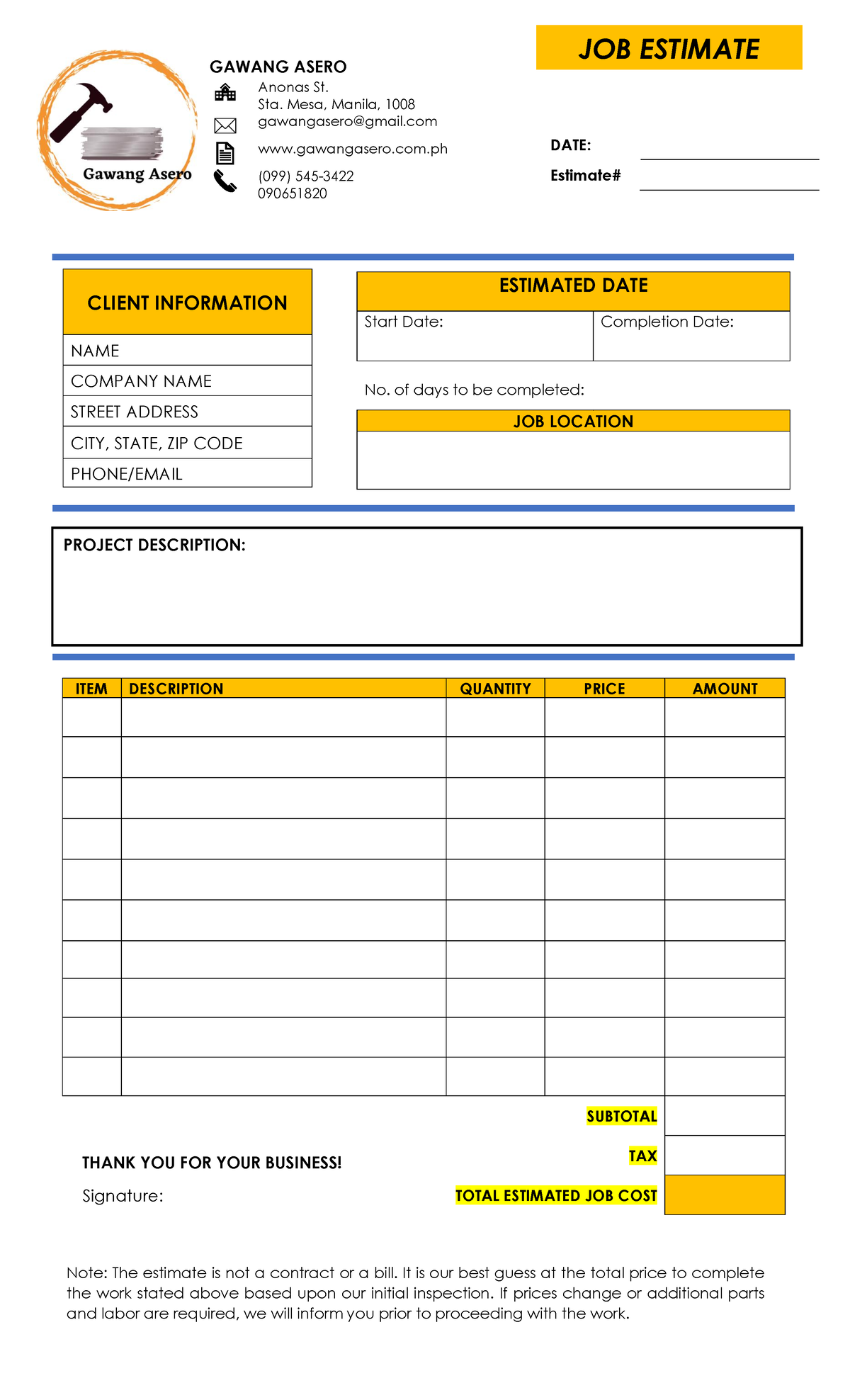 Sample of Construction estimation format for Job estimate Subject ...