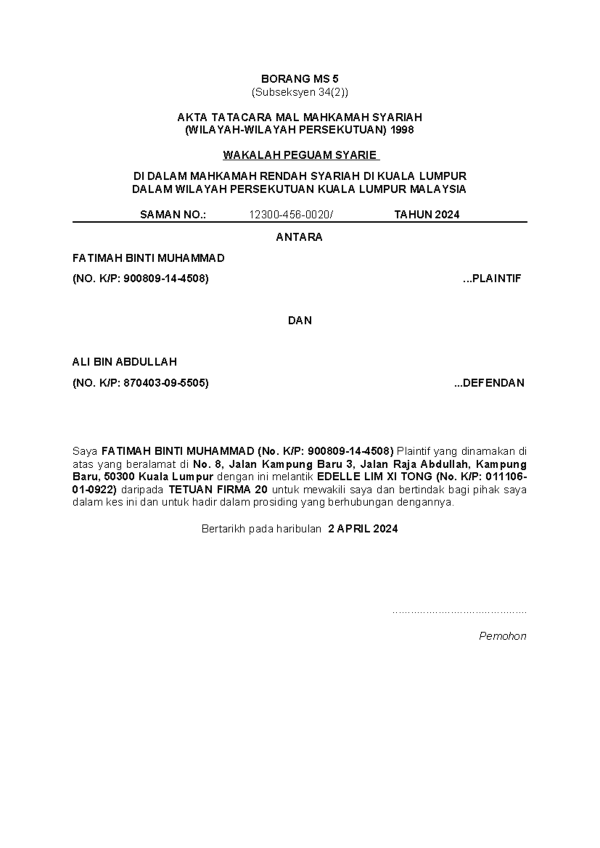 wakalah-untuk-kes-penceraian-borang-ms-5-subseksyen-34-2-akta