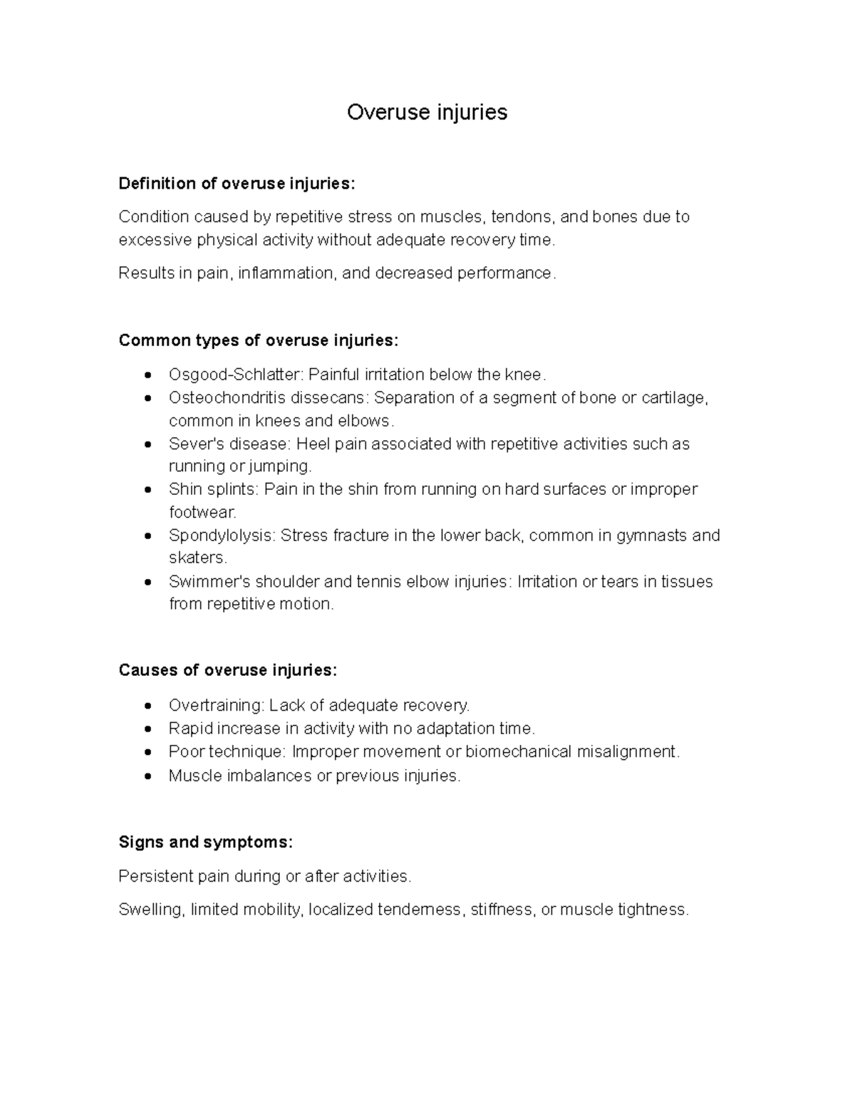 Overuse injuries - resumen - Overuse injuries Definition of overuse ...