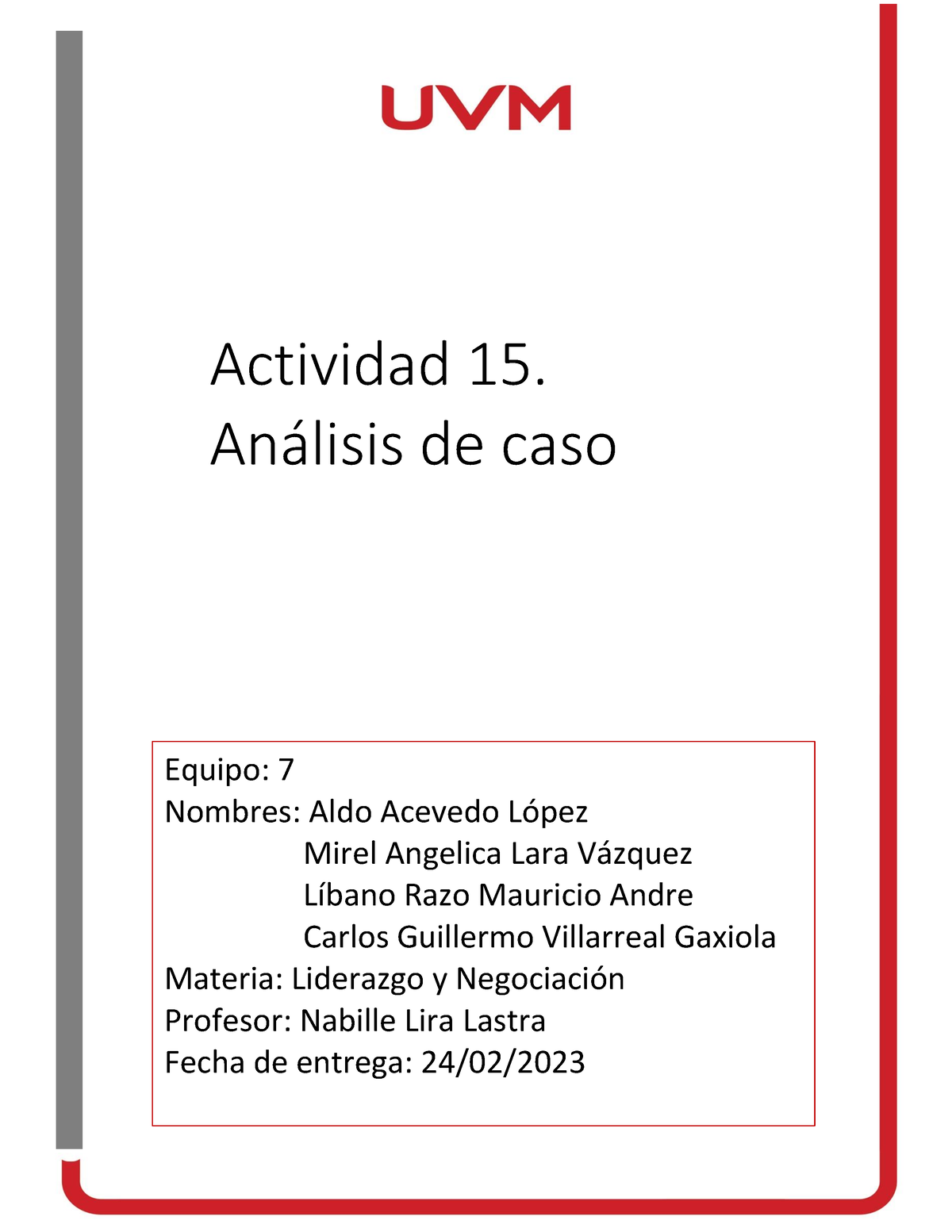 A VGCG Actividad liderazgo y negociación Actividad Anlisis de caso Equipo