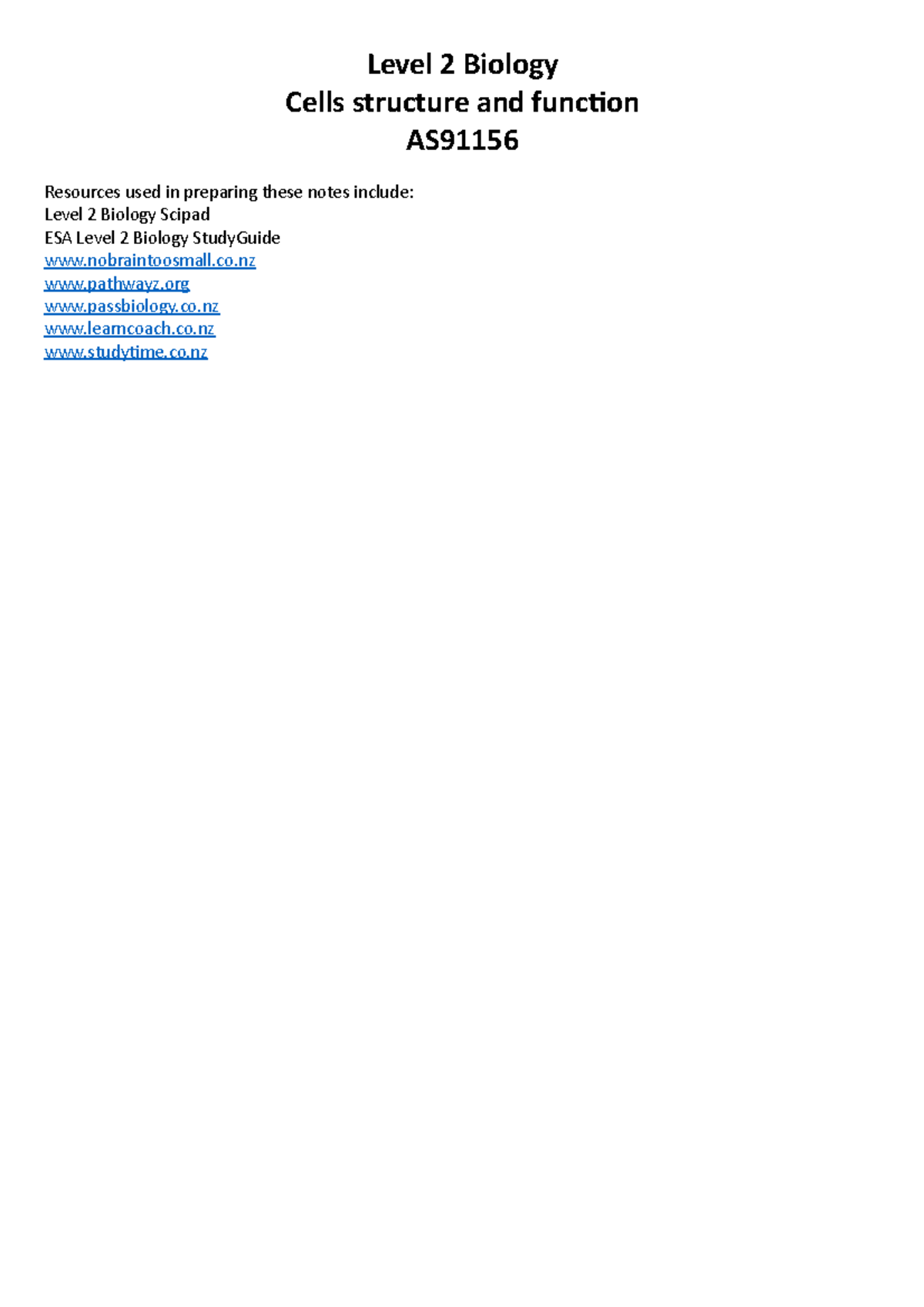 12 BIO Cells notes 2019 - Level 2 Biology Cells structure and funcion ...