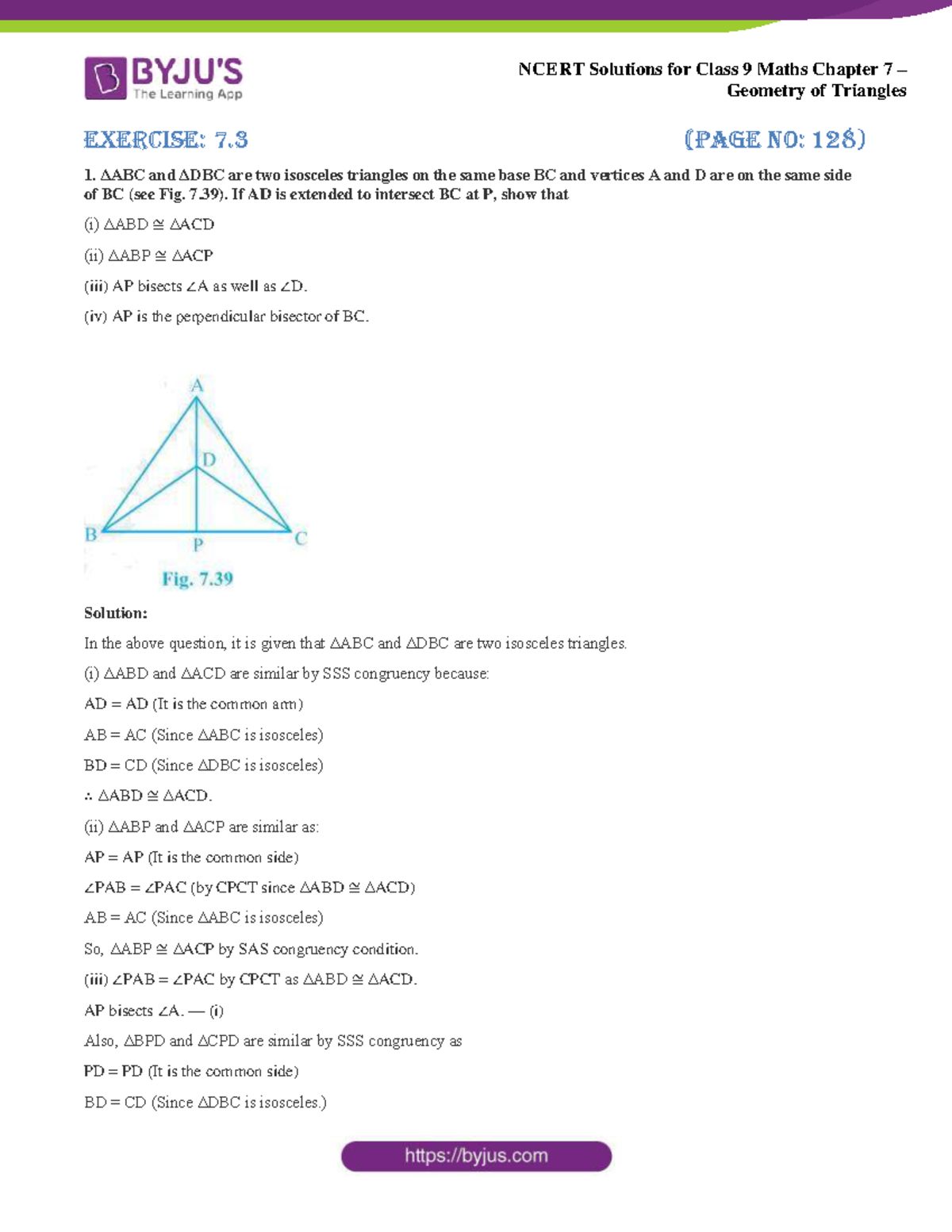 Ncert Solutions for Class 9 Maths Chapter 7 Geometry of Triangles ...