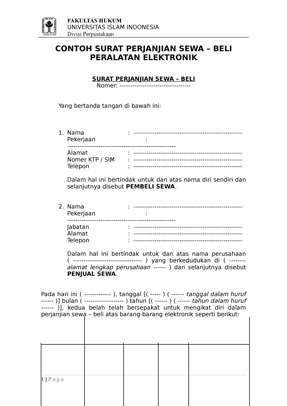 Contoh Surat Perjanjian Sewa Beli Peralatan Elektronik FH UII ...