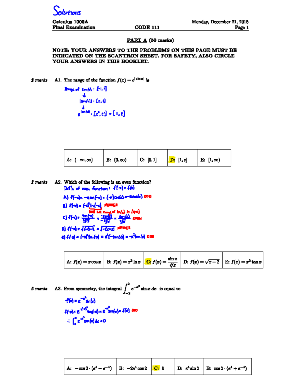 Final 2015 soln coverpageremoved - Calculus 1000A/B - Studocu