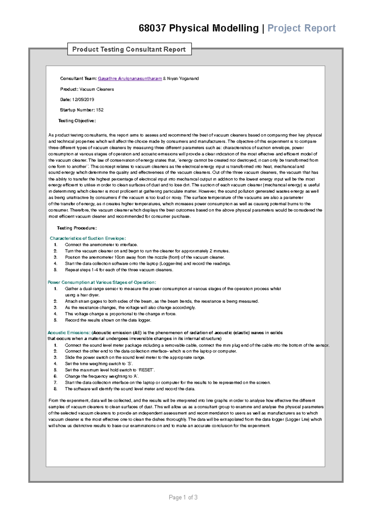 Physical modelling report vacuum cleaners prac report - 68037 Physical ...