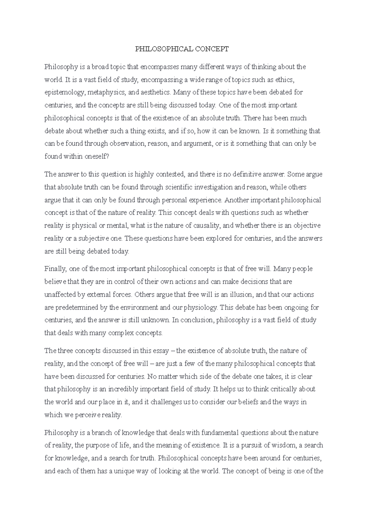 philosophical concept - PHILOSOPHICAL CONCEPT Philosophy is a broad ...