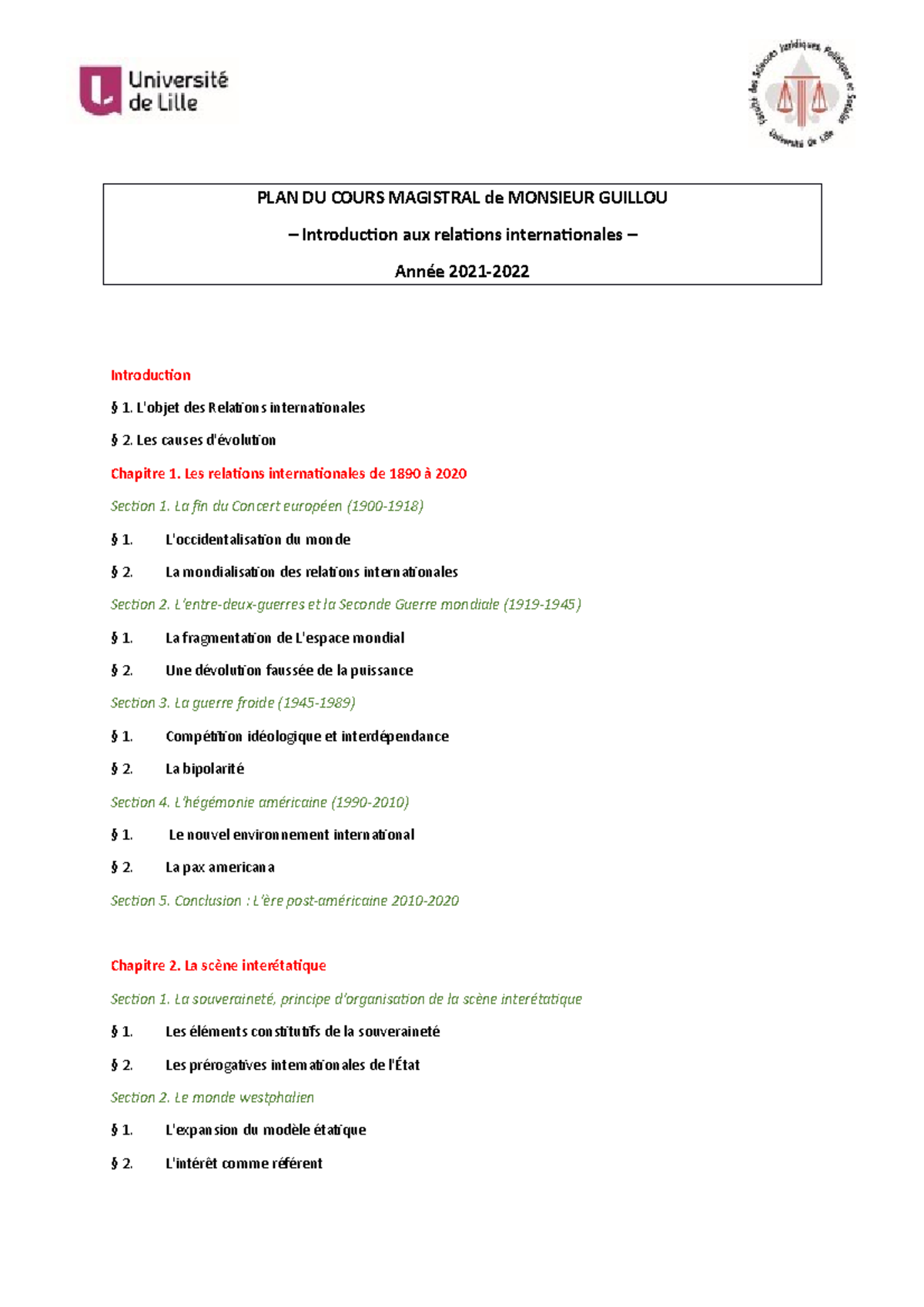 Plan Du Cours Magistral 2021-2022 - PLAN DU COURS MAGISTRAL De MONSIEUR ...