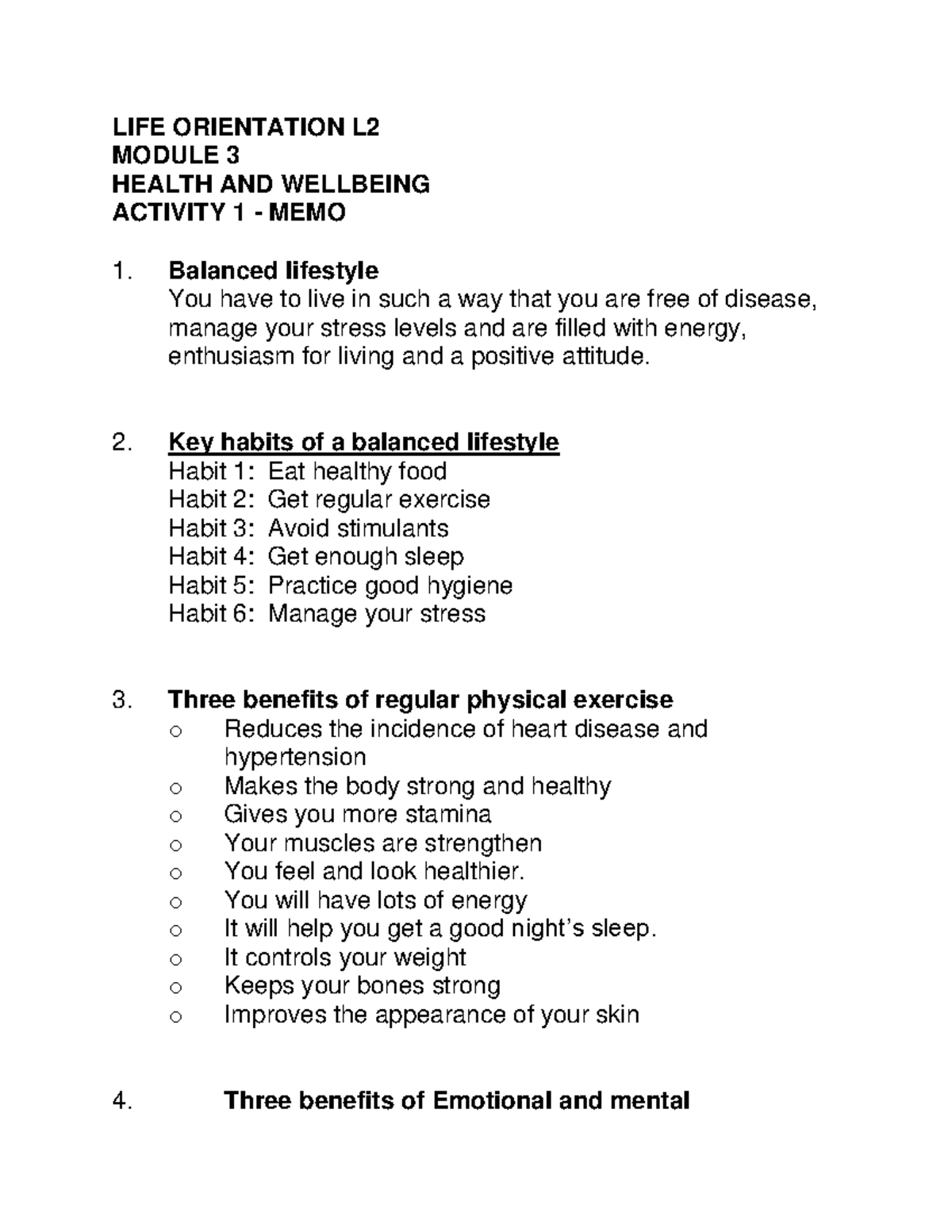 Health and Wellbeing Memo - LIFE ORIENTATION L MODULE 3 HEALTH AND ...