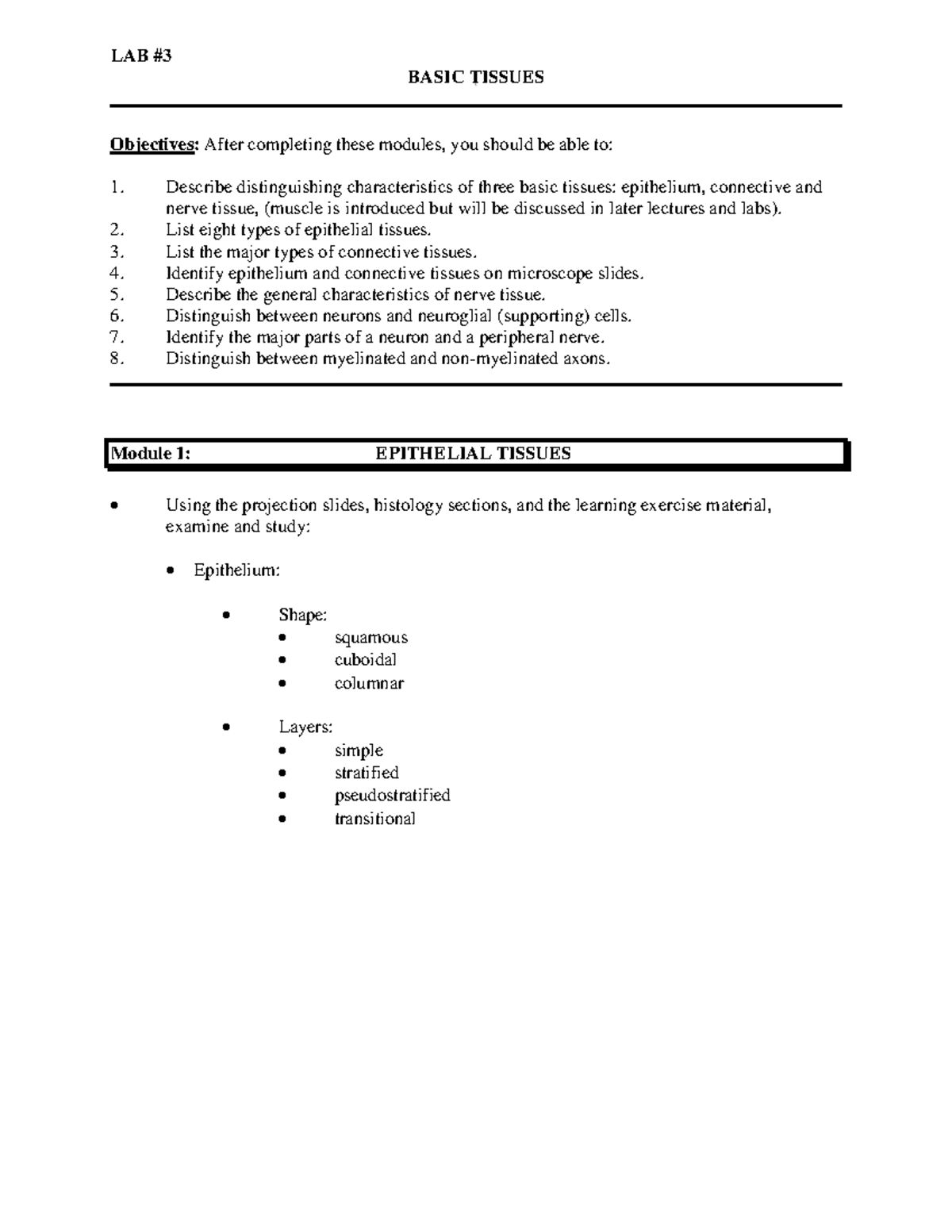 Lab 31 Basic Tissues Lab LAB BASIC TISSUES Objectives After