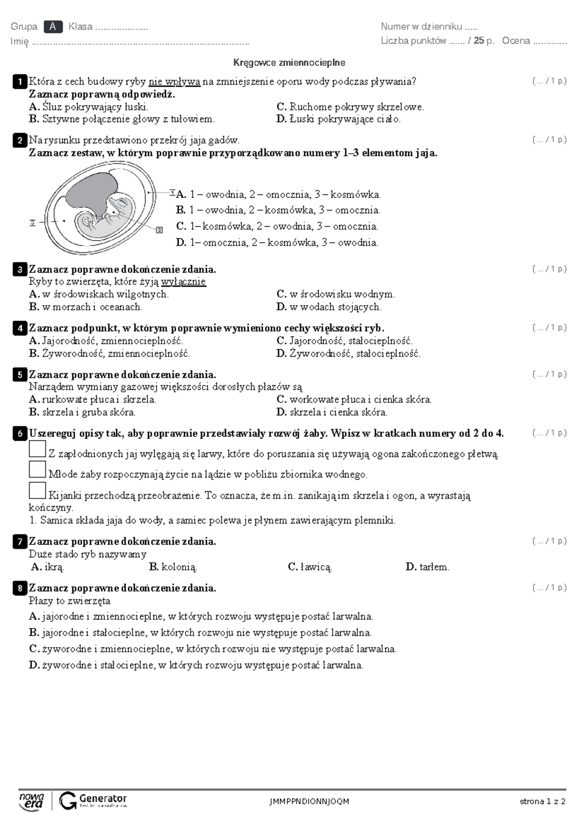 Kręgowce zmiennocieplne Test – ekowydruk - JMMPPNDIONNJOQM strona 1 z 2
