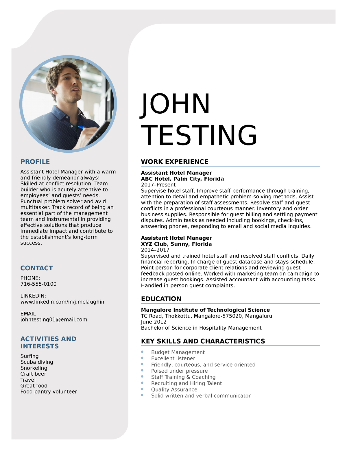 John Testing - Test - JOHN TESTING PROFILE Assistant Hotel Manager with ...