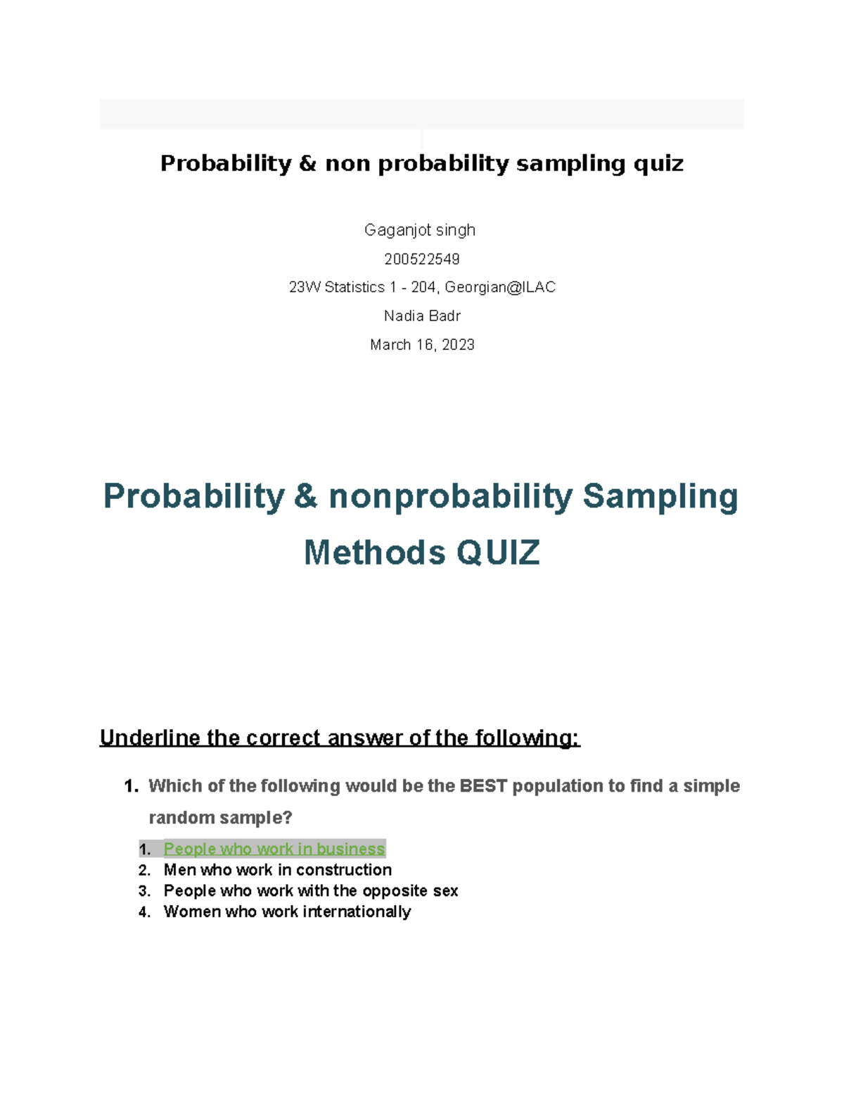 Probability sampling quiz Probability & non probability sampling quiz