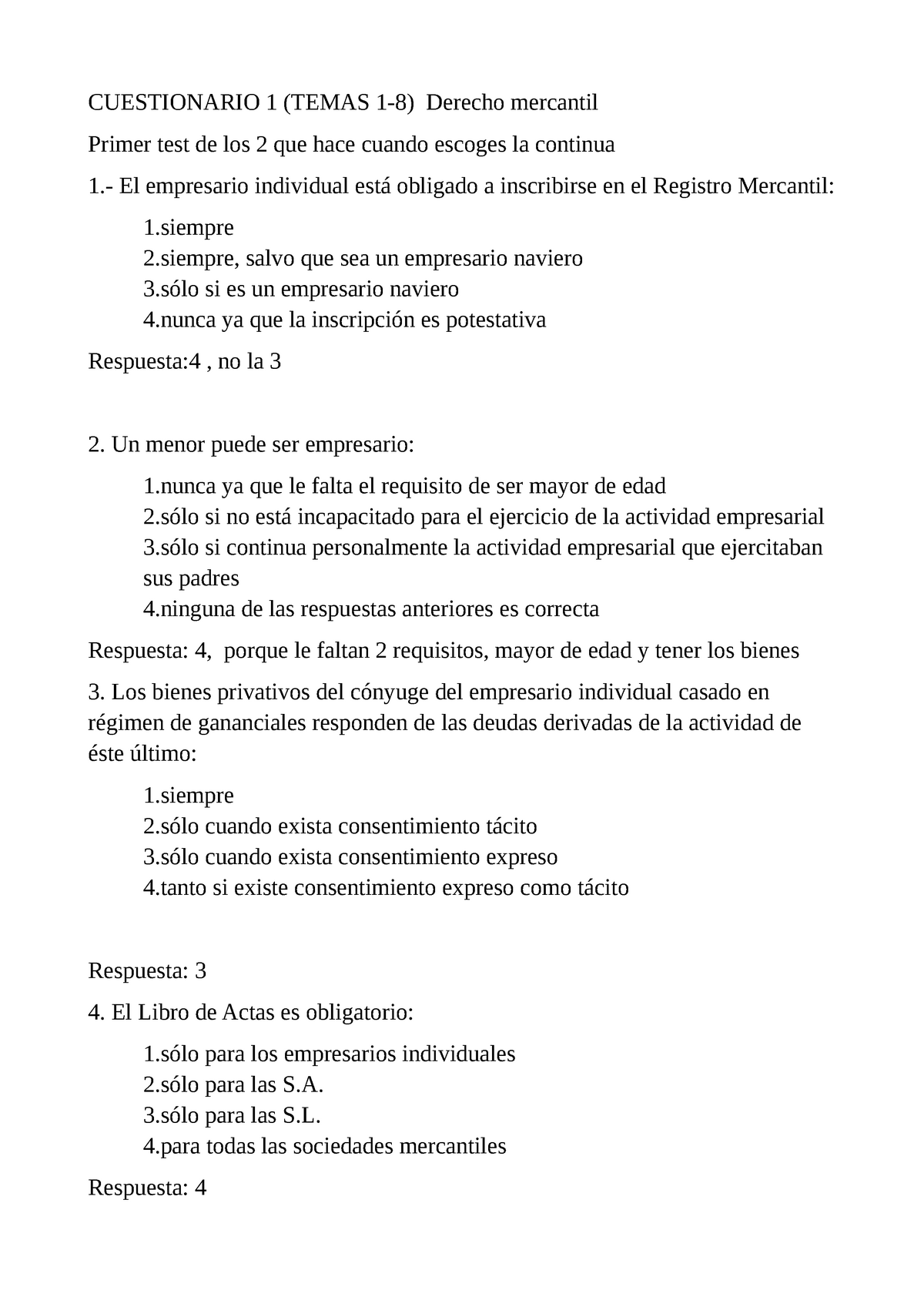 Cuestionario Derecho Mercantil - CUESTIONARIO 1 (TEMAS 1-8) Derecho ...