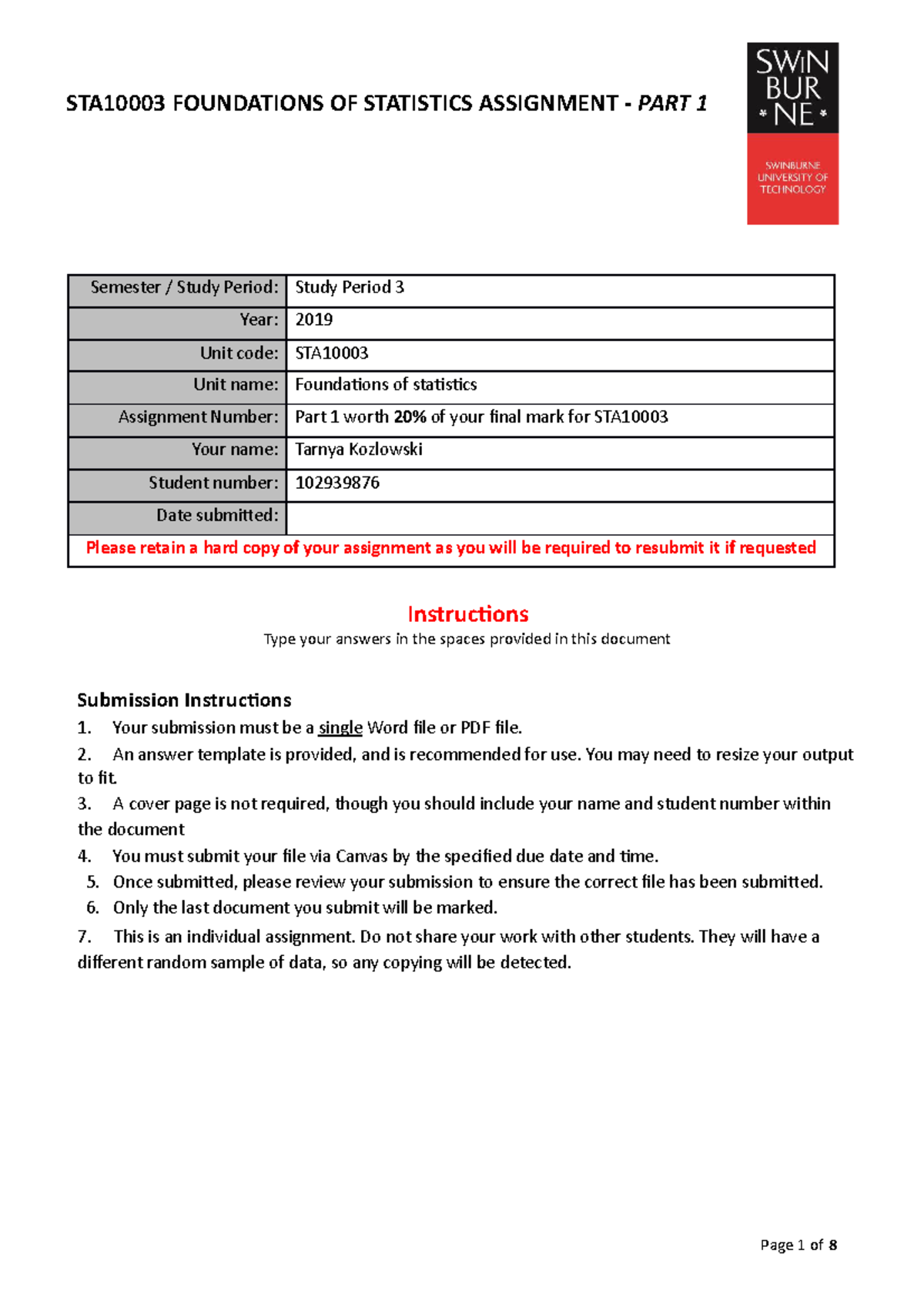 012939876 Assignment Part 1 Answer Sheet - Page 1 Of 8 STA10003 ...