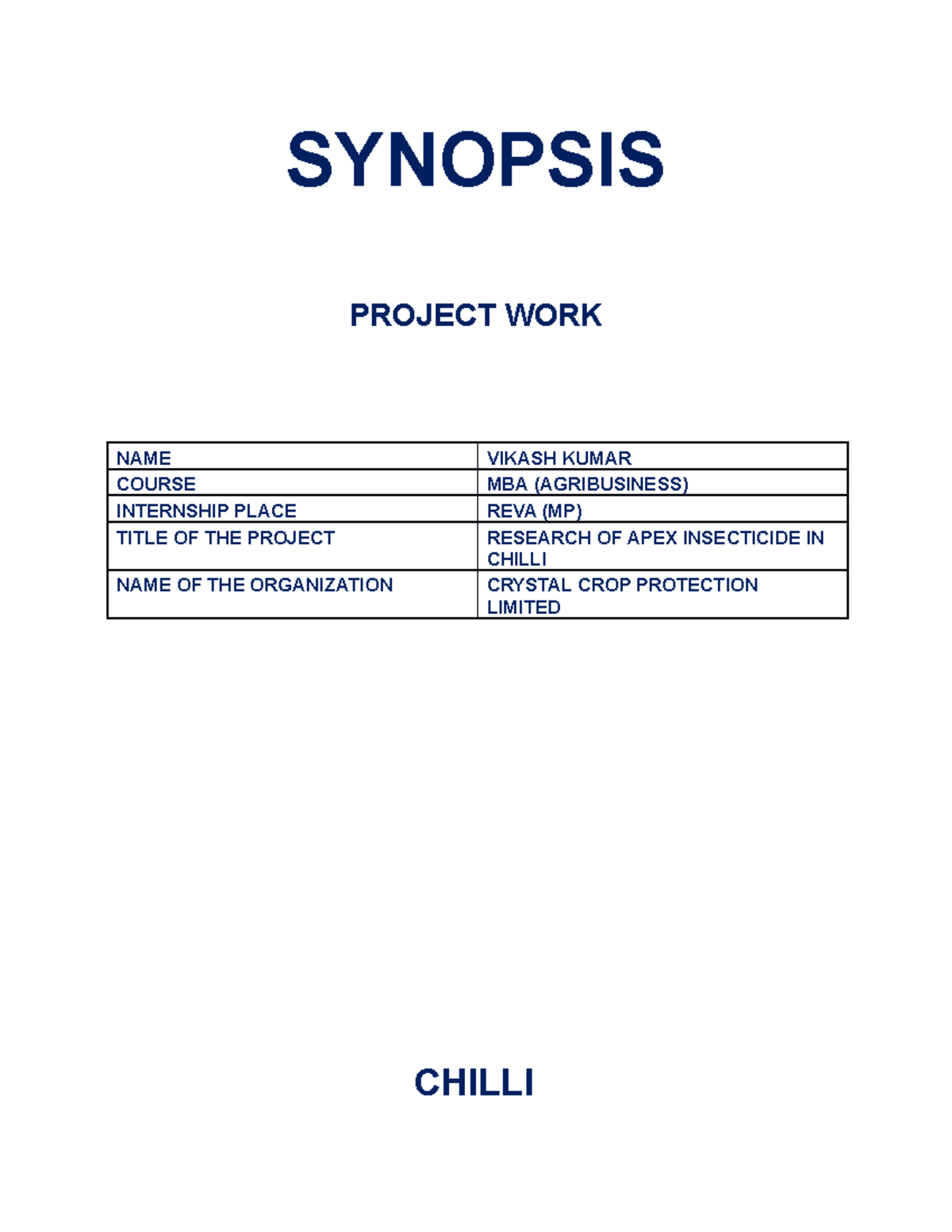 Chilli - summer internship crop description - SYNOPSIS PROJECT WORK