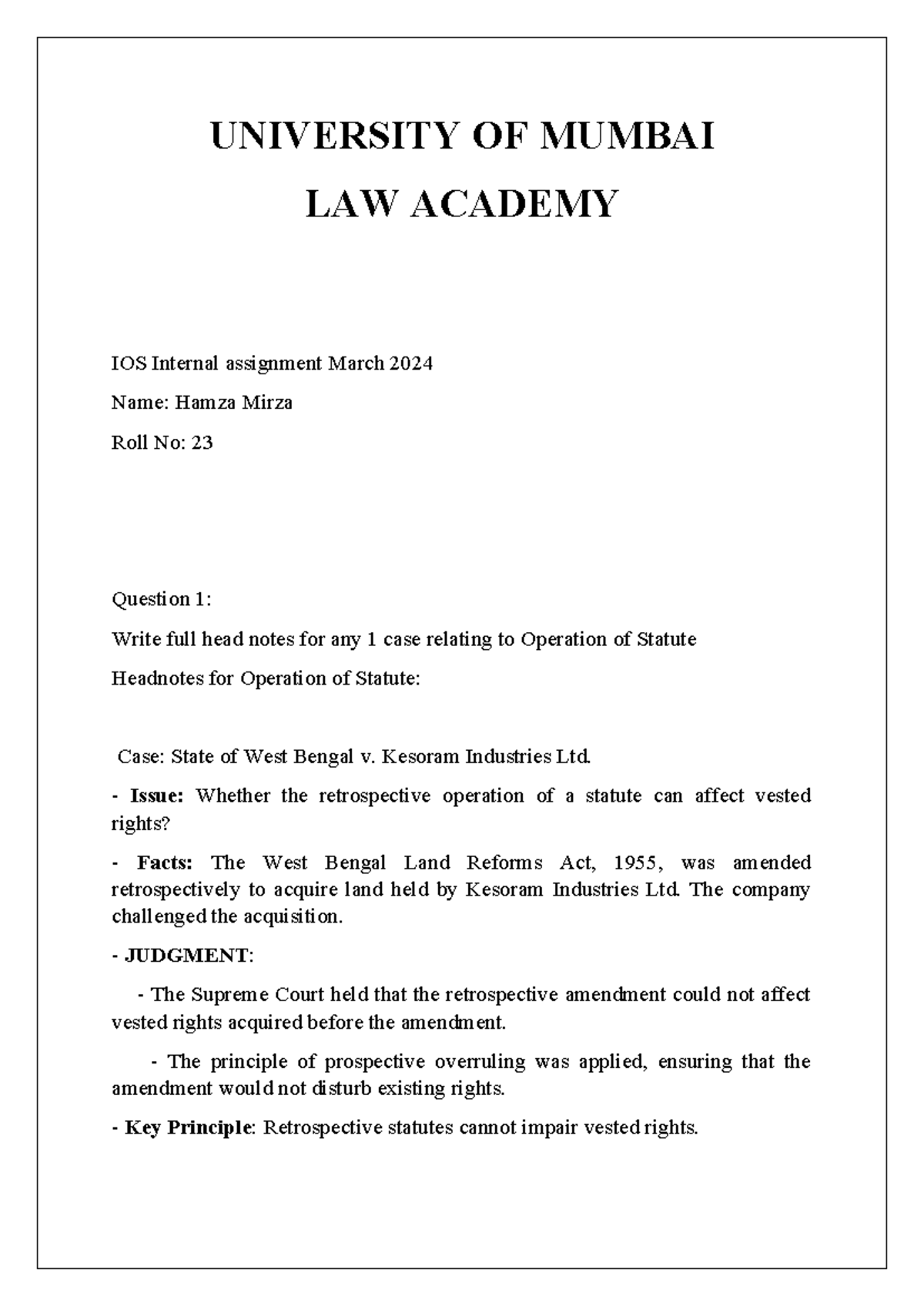 IOS Internal assignment March 2024 - UNIVERSITY OF MUMBAI LAW ACADEMY ...