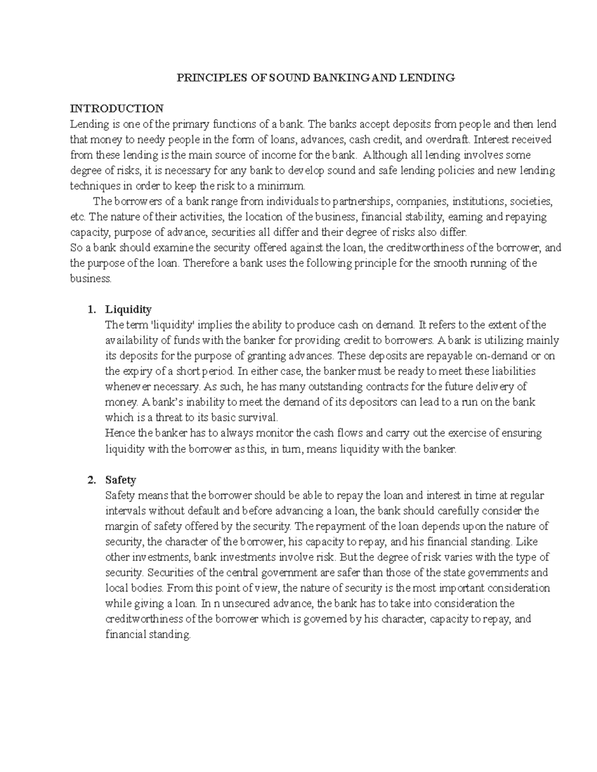 Principles OF Sound Banking AND Lending PRINCIPLES OF SOUND BANKING AND LENDING INTRODUCTION