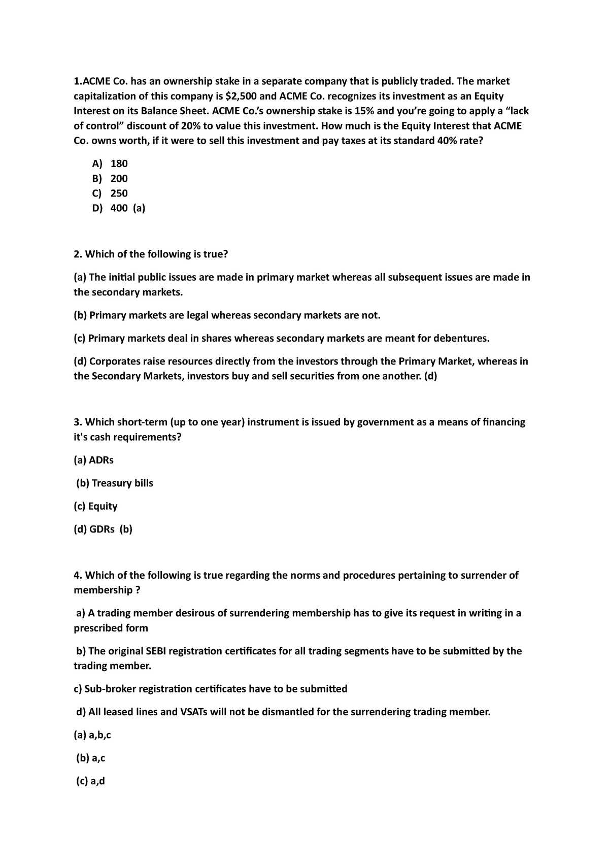 B And B Quiz - Thr - 1 Co. Has An Ownership Stake In A Separate Company ...