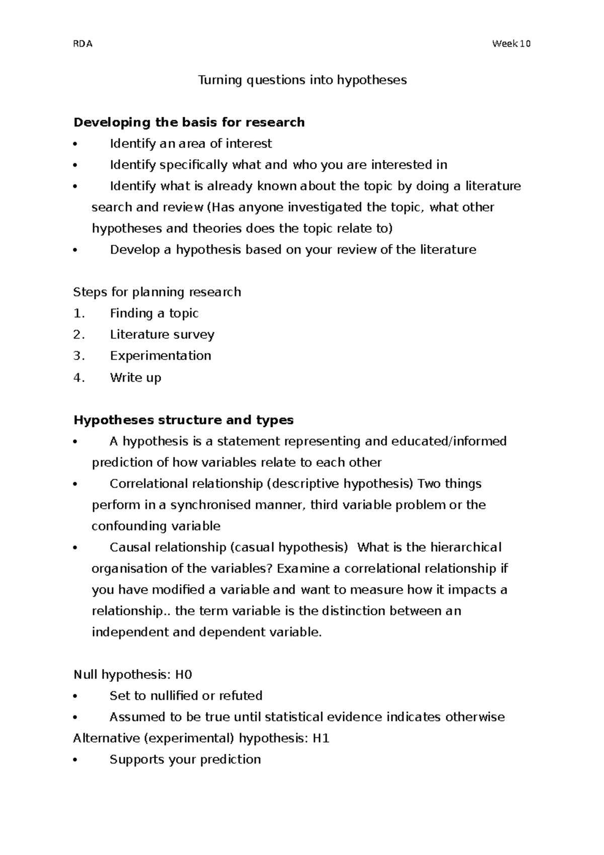 Week 10 - Lecture notes 1 - RDA Week 10 Turning questions into ...