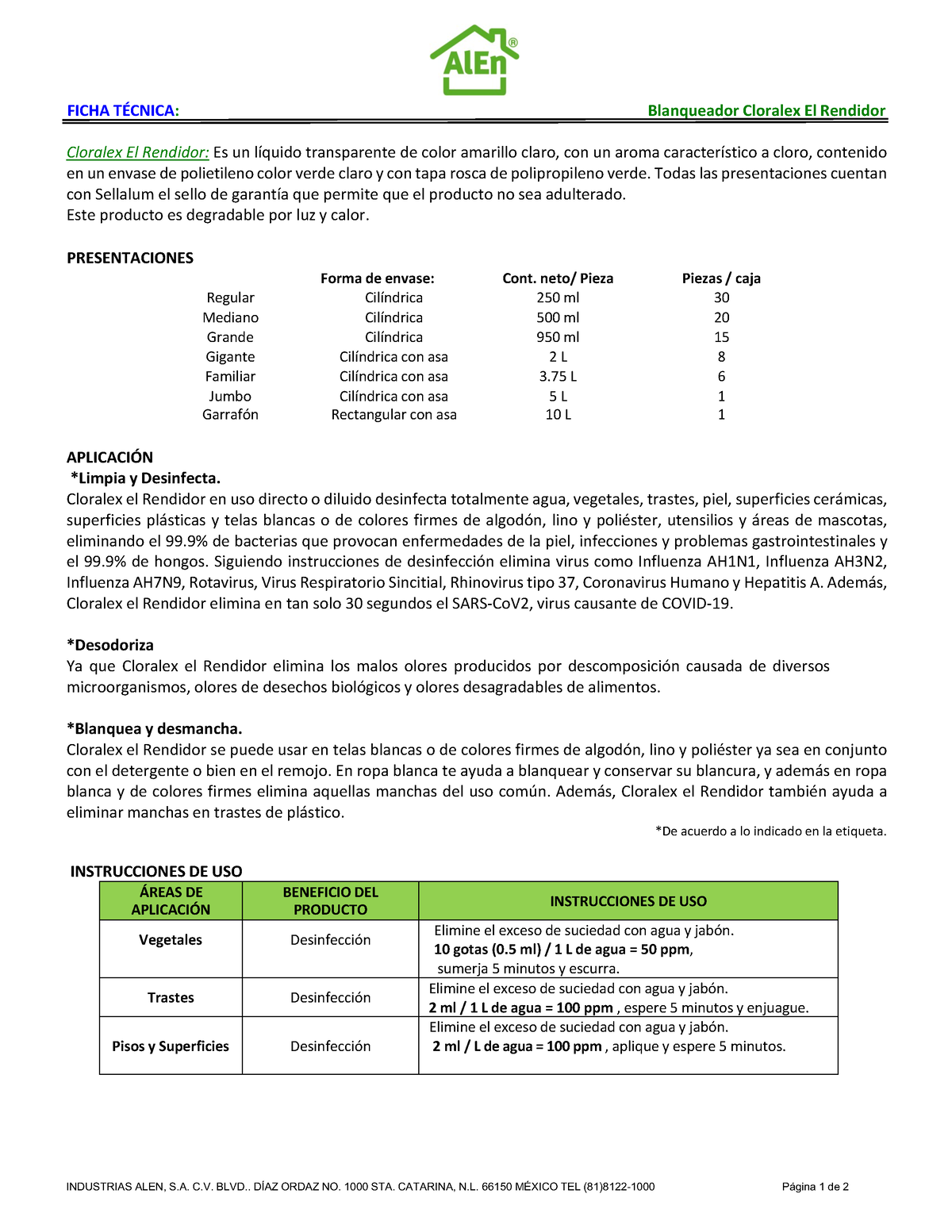 Ficha TÉ Cnica Y HOJA DE Seguridad - Cloralex - ####### INDUSTRIAS ALEN ...