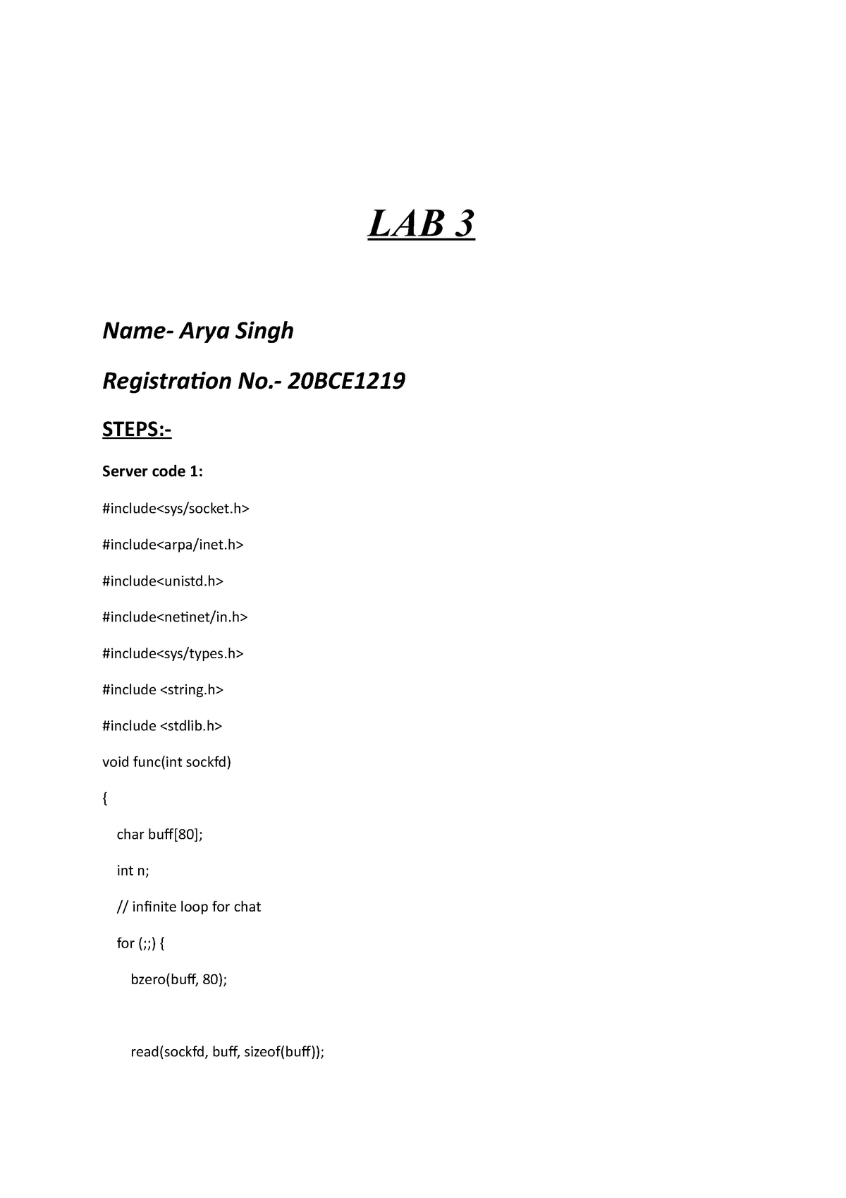 Networks Ubuntu CSE306- Lab 2 - LAB 3 Name- Arya Singh Registration No ...