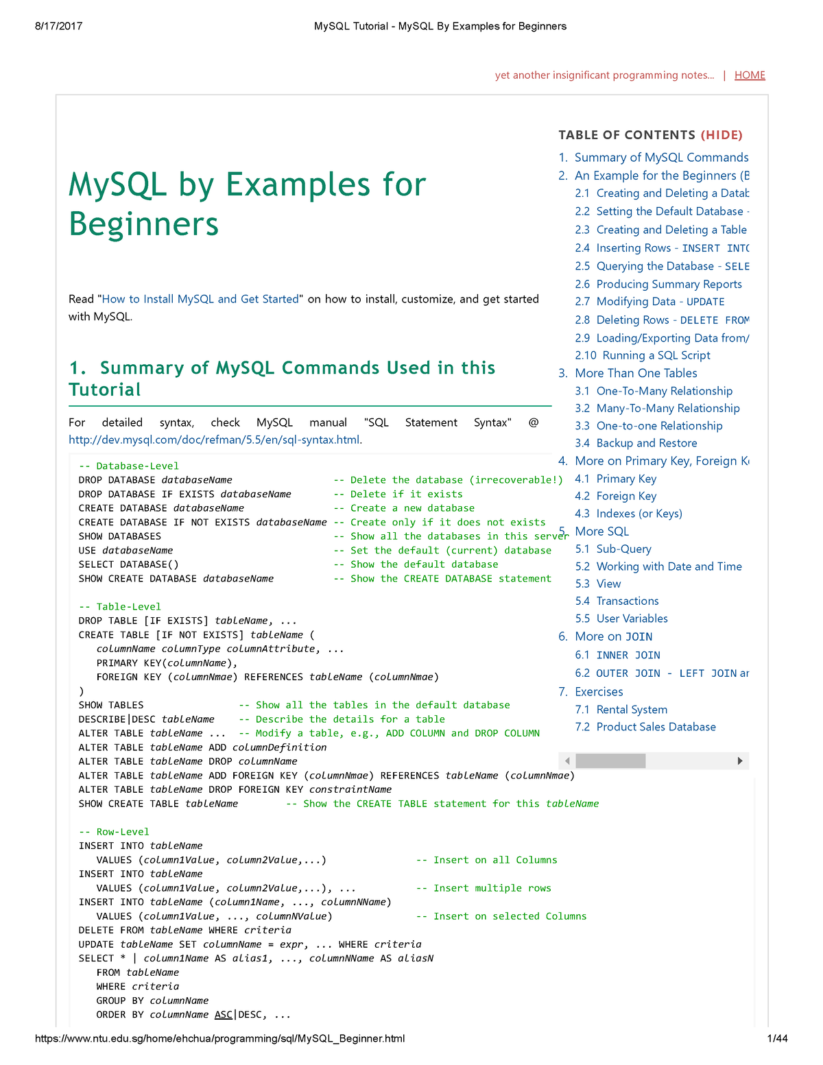 Mysql Tutorial - Notes - TABLE OF CONTENTS (HIDE) 1. Summary Of MySQL ...