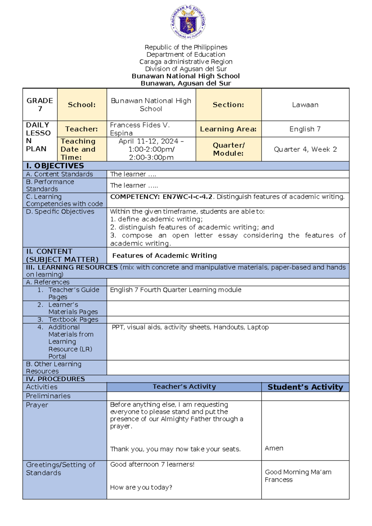 Quarter 4 - WEEK 2 Daily Lesson PLAN IN English - Republic of the ...