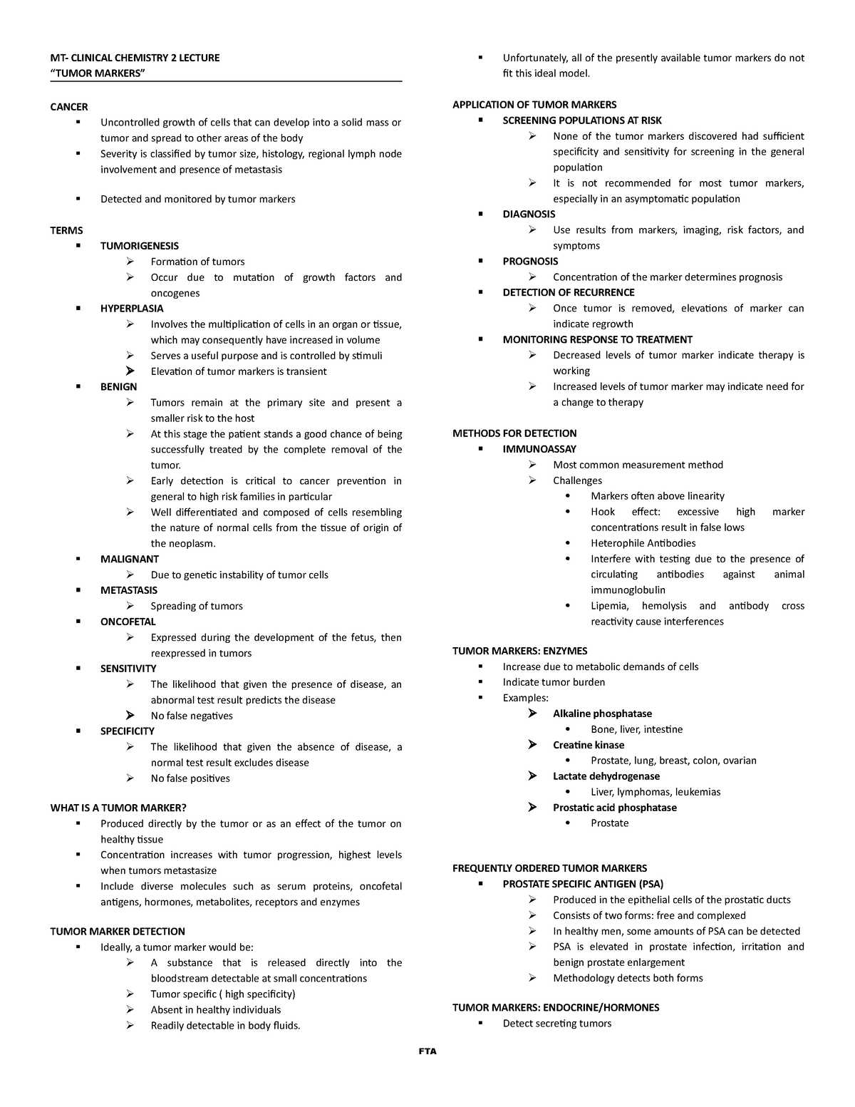 MT CC2 Lecture Tumor markers - MT- CLINICAL CHEMISTRY 2 LECTURE “TUMOR ...