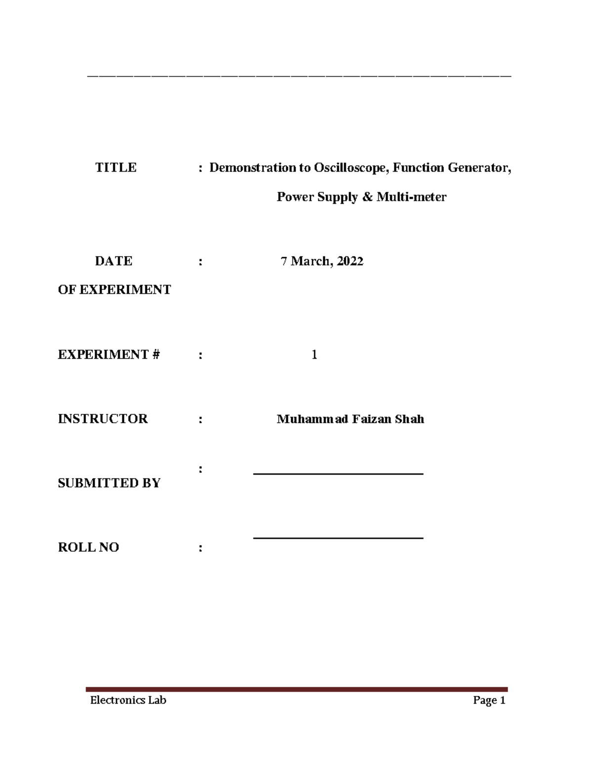 Lab 1 (Demonstration to Oscilloscope, Function Generator, Power Supply
