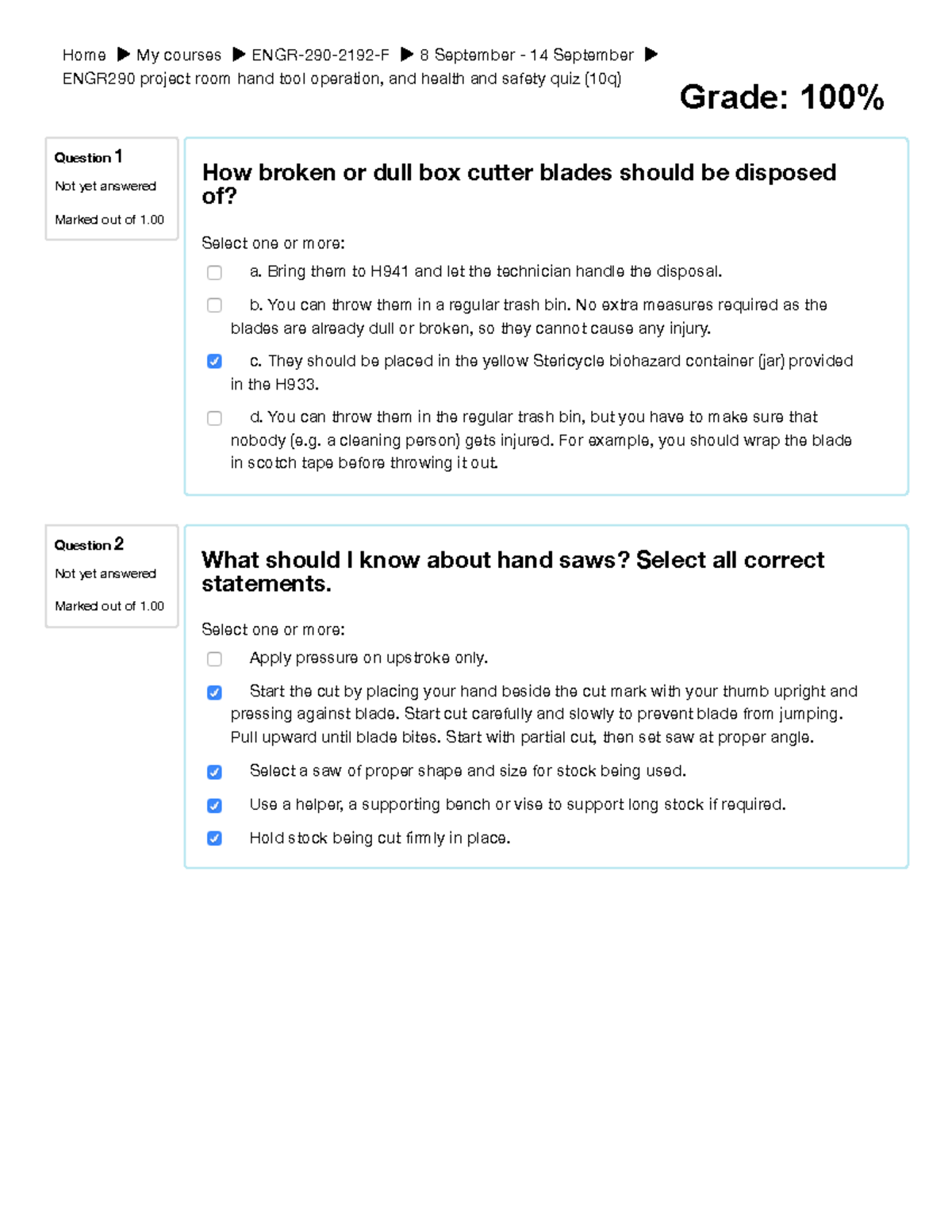 Safety Quiz V11 Congratulation! You have successfully completed the