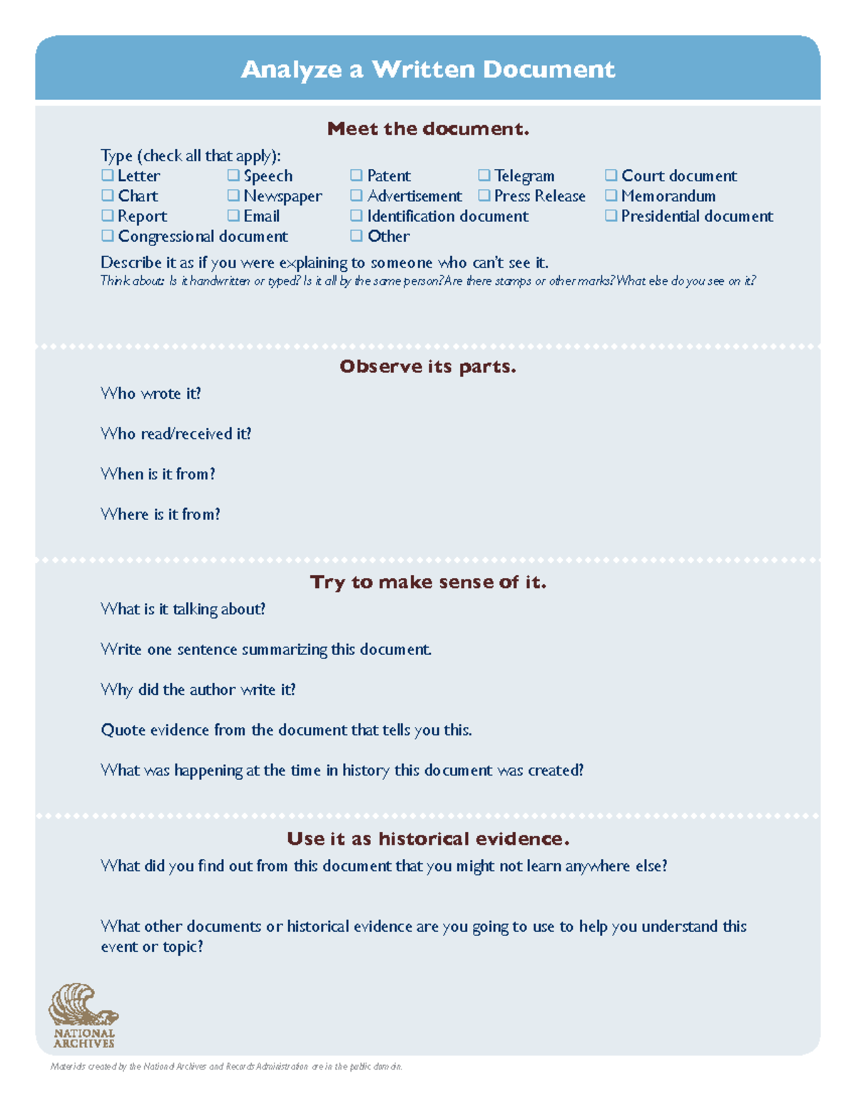 Written document analysis worksheet National Archives - Materials ...