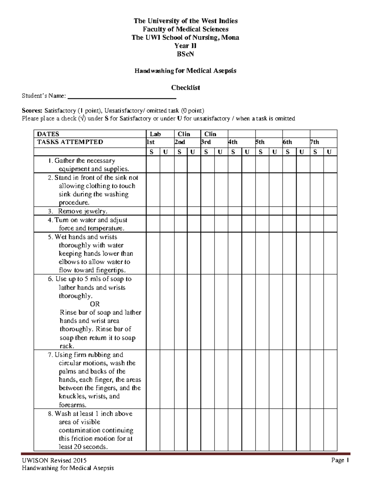 2016 Revised Checklist Handwashing for medical Asepsis - UWISON Revised ...