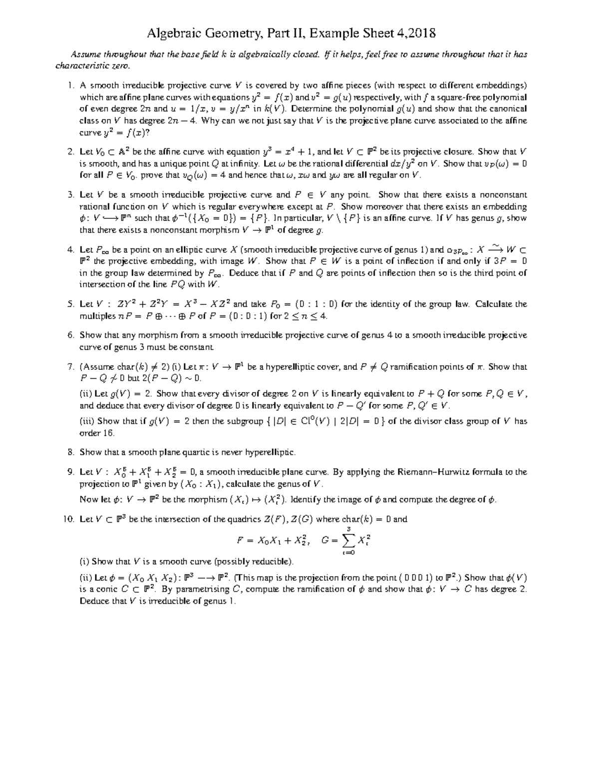 Algebraic Geometry 2017-2018 Example Sheet 4 - Algebraic Geometry, Part ...