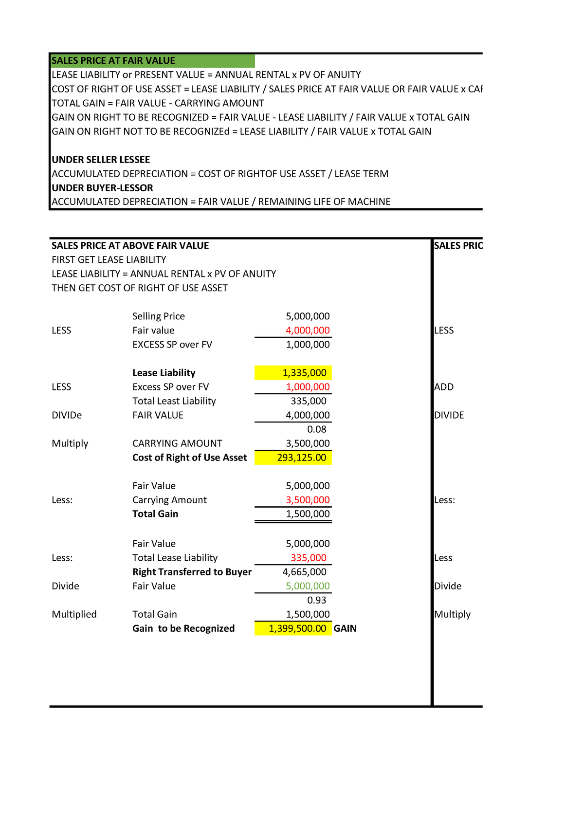 Formulas FOR IA Sales AND Leaseback - SALES PRICE AT FAIR VALUE LEASE ...