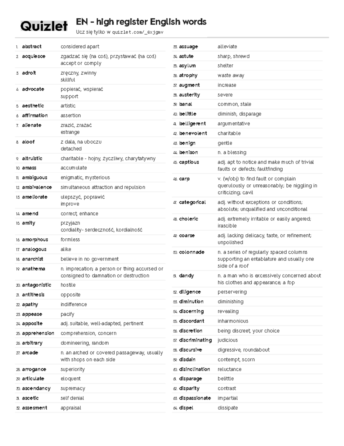 Quizlet 1. abstract considered apart 2. acquiesce zgadzać się (na coś