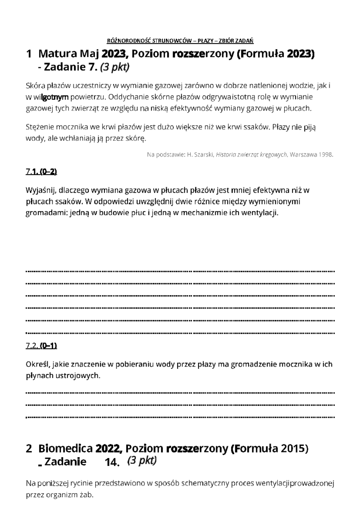 Różnorodność strunowców - Płazy - Zbiór zadań - Biologia rozszerzona