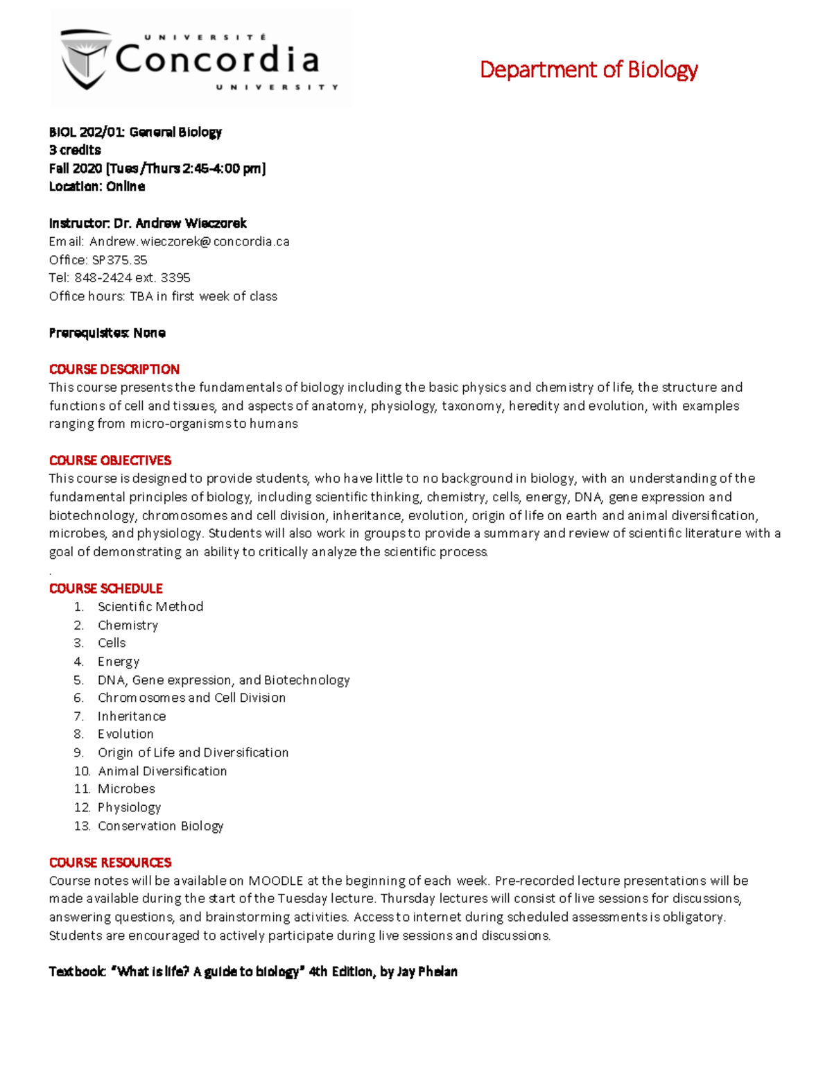 2020 Fall BIOL202 Course Outline - BIOL 202 / 01 : General Biology 3 ...