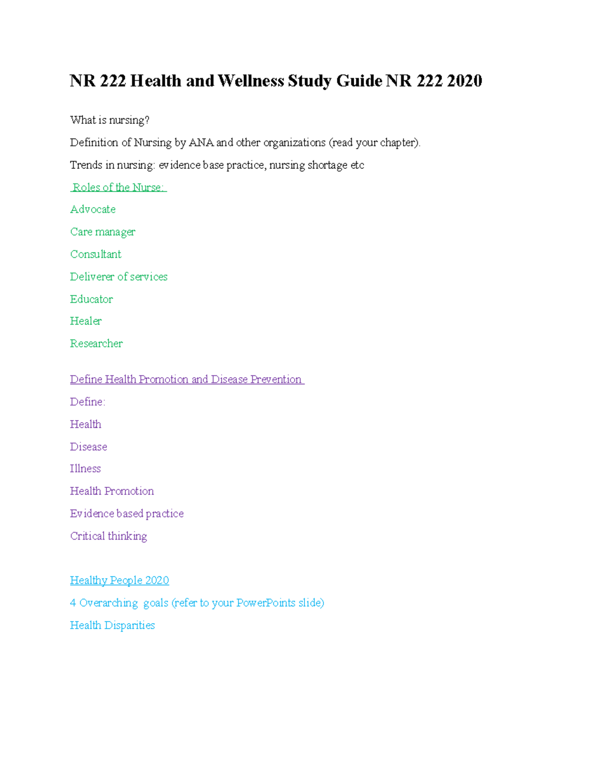 Study guide NR 222 Exam 1 2020 - NR 222 Health and Wellness Study Guide ...
