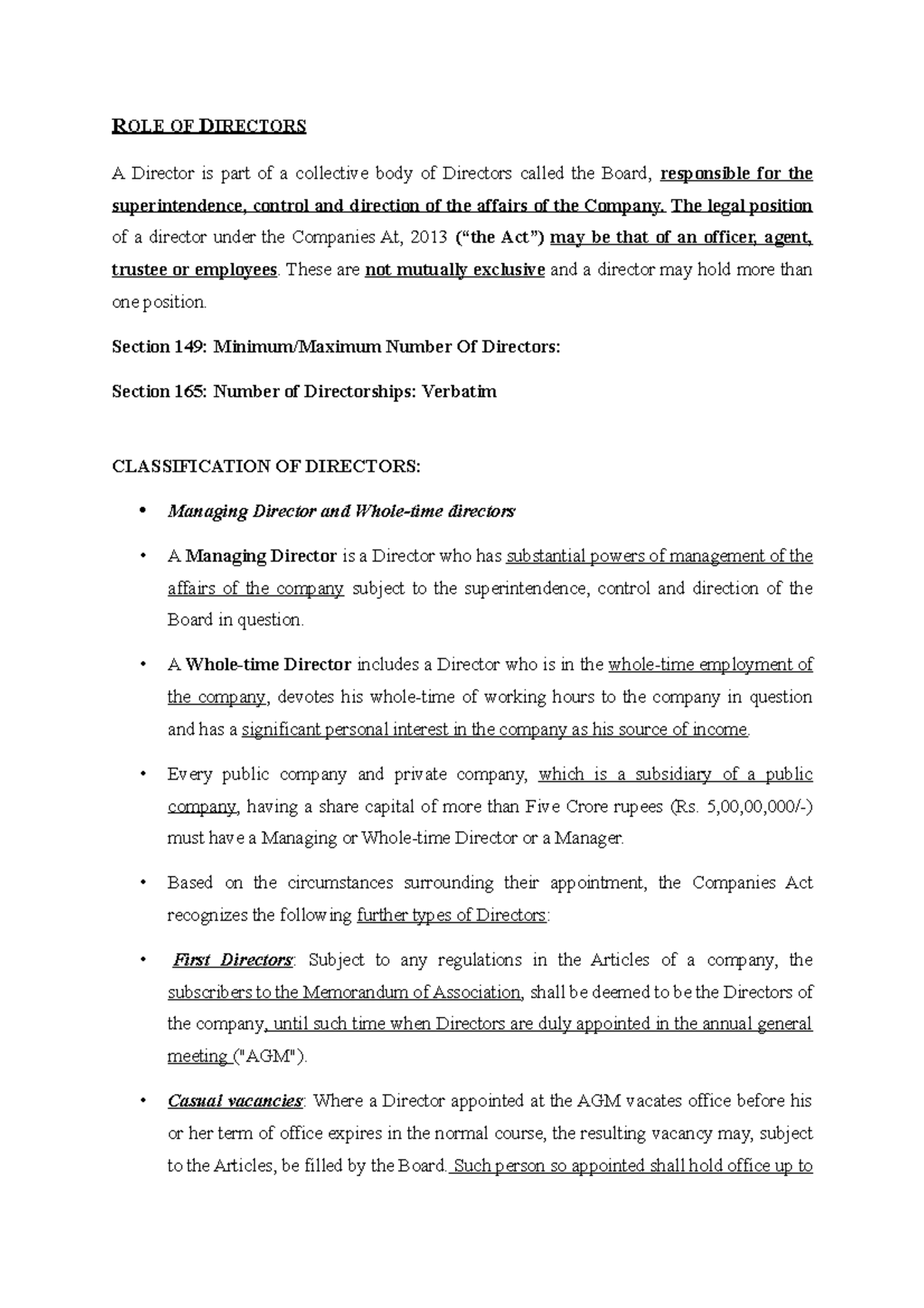 Company mid term notes final - ROLE OF DIRECTORS A Director is part of ...