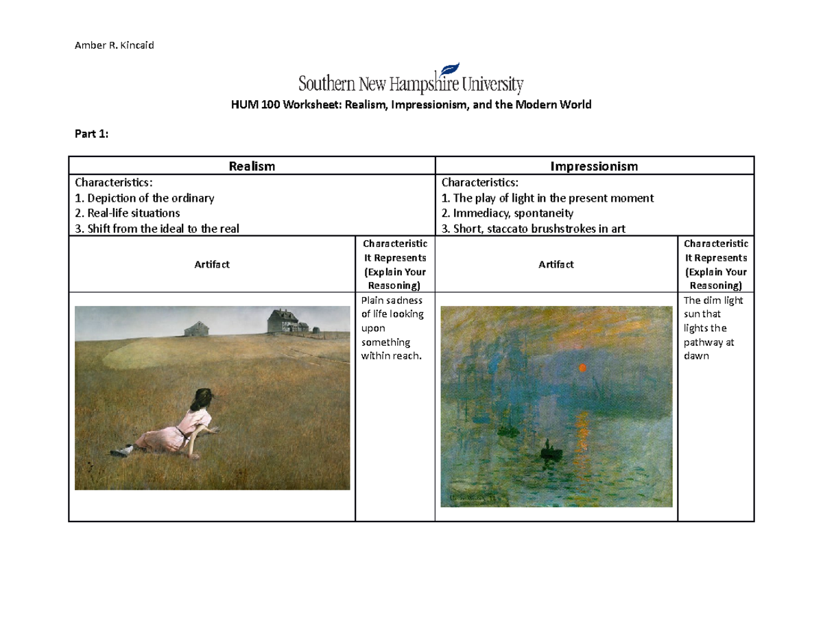Hum 100 Realism Impressionism And The Modern World Worksheet