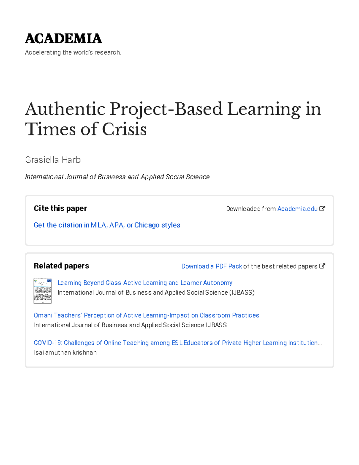Authentic Project Based Learning In Times Of Crisis With Cover Page V2 Authentic Project Based Learning In Times Of Crisis With Cover Page V2